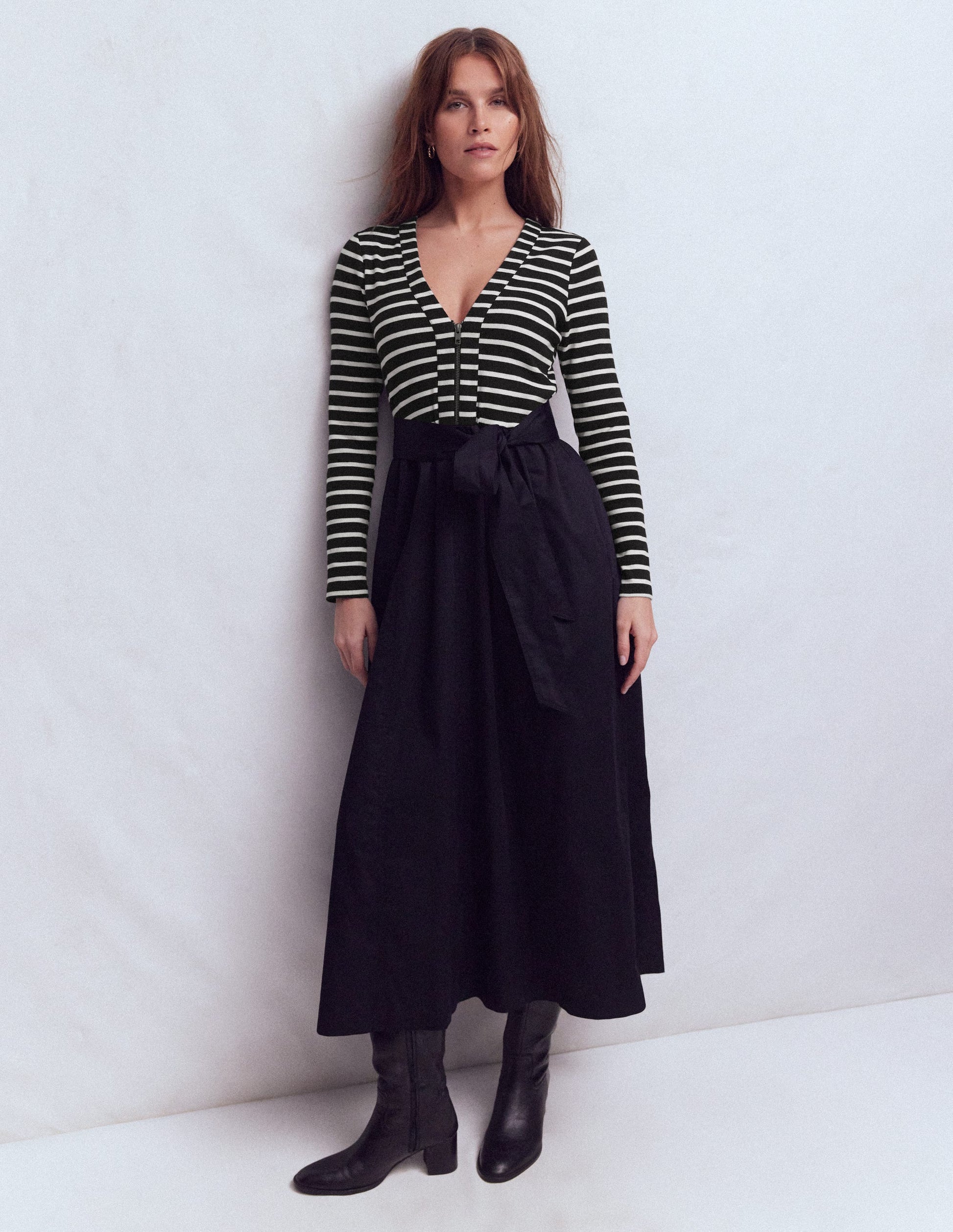 Long Sleeve Mix Media Dress-Black Stripe-4