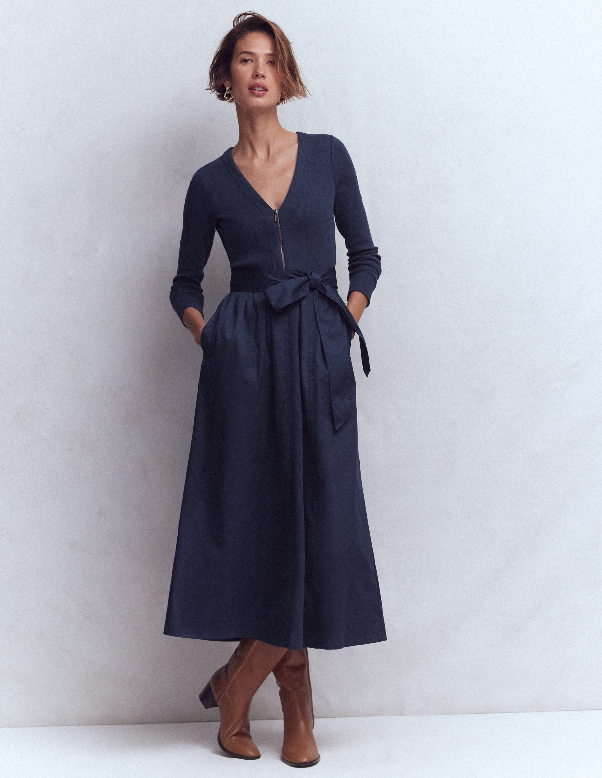 Long Sleeve Mix Media Dress-Navy - Image 1