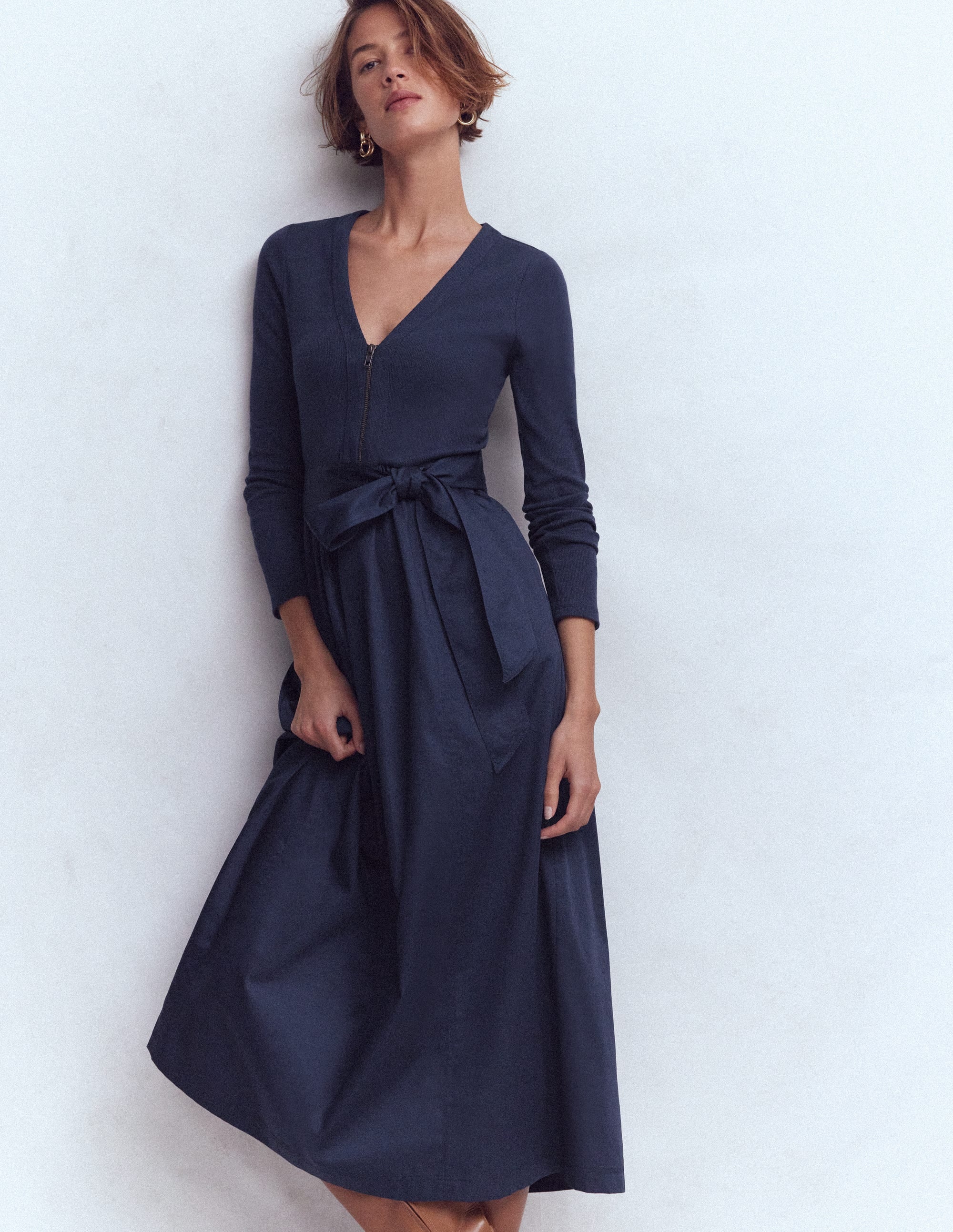 Long Sleeve Mix Media Dress-Navy - Image 2