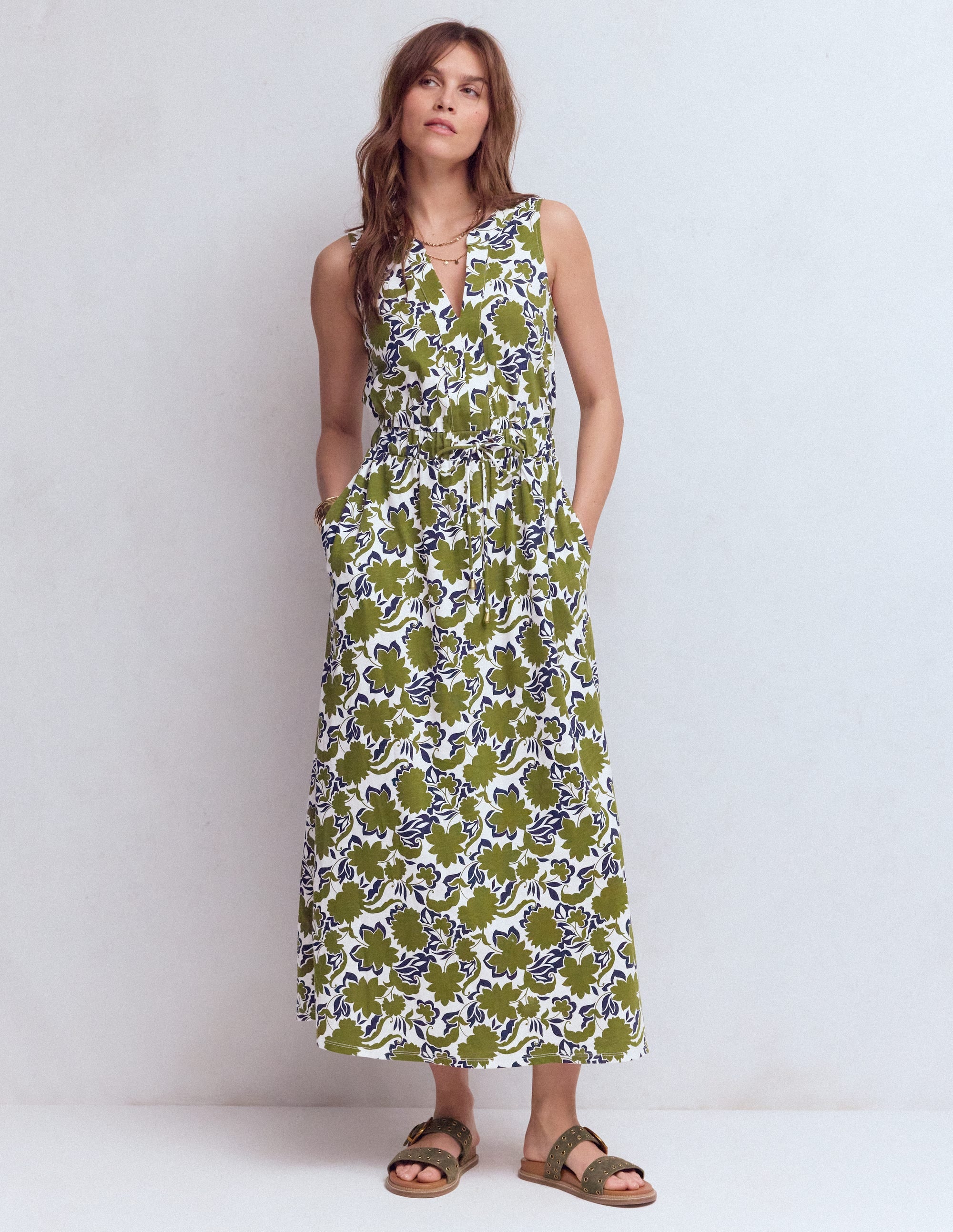 Delphine Midi Sleeveless Dress-Olive, Shadow Blossom - Image 1