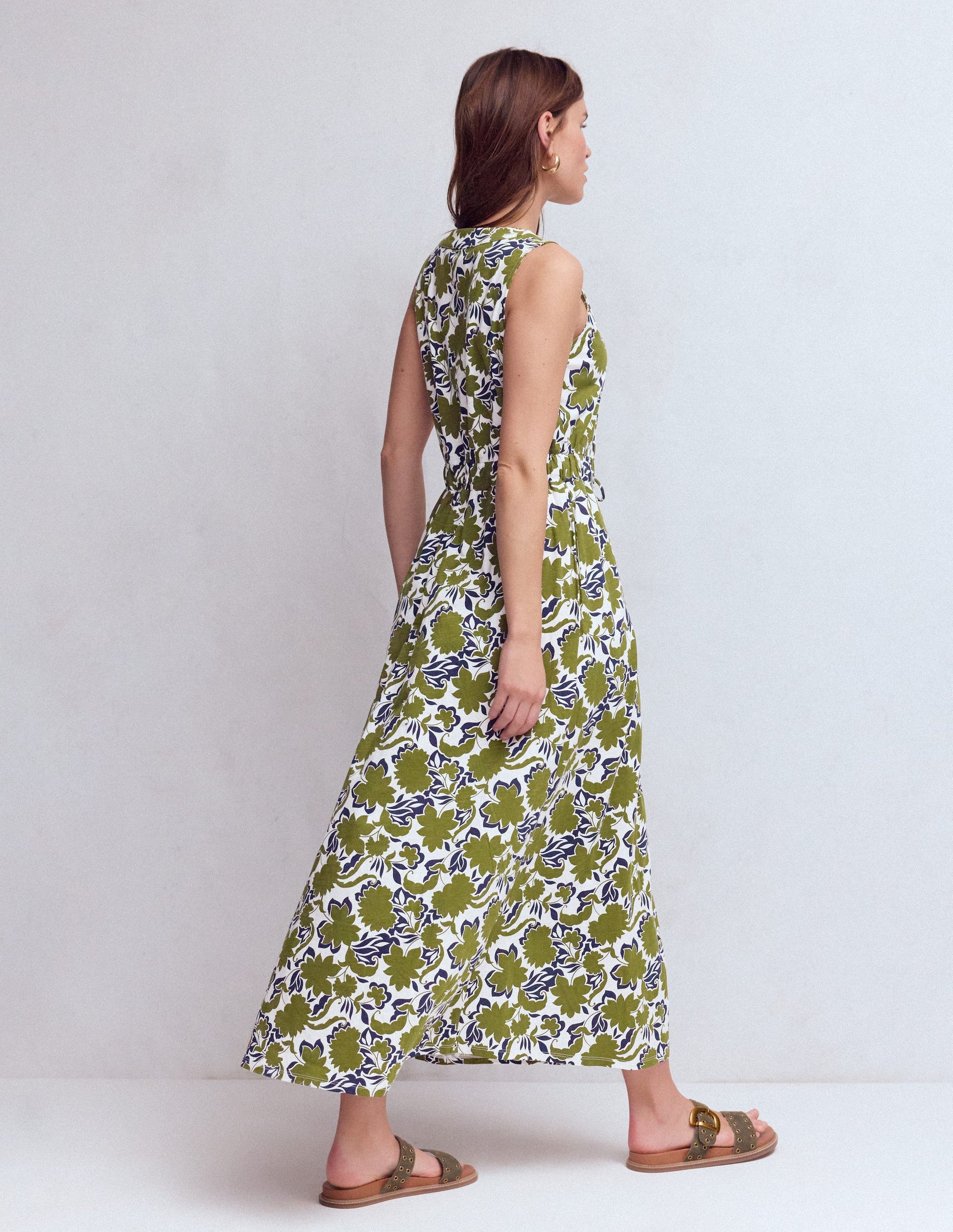 Delphine Midi Sleeveless Dress-Olive, Shadow Blossom-4