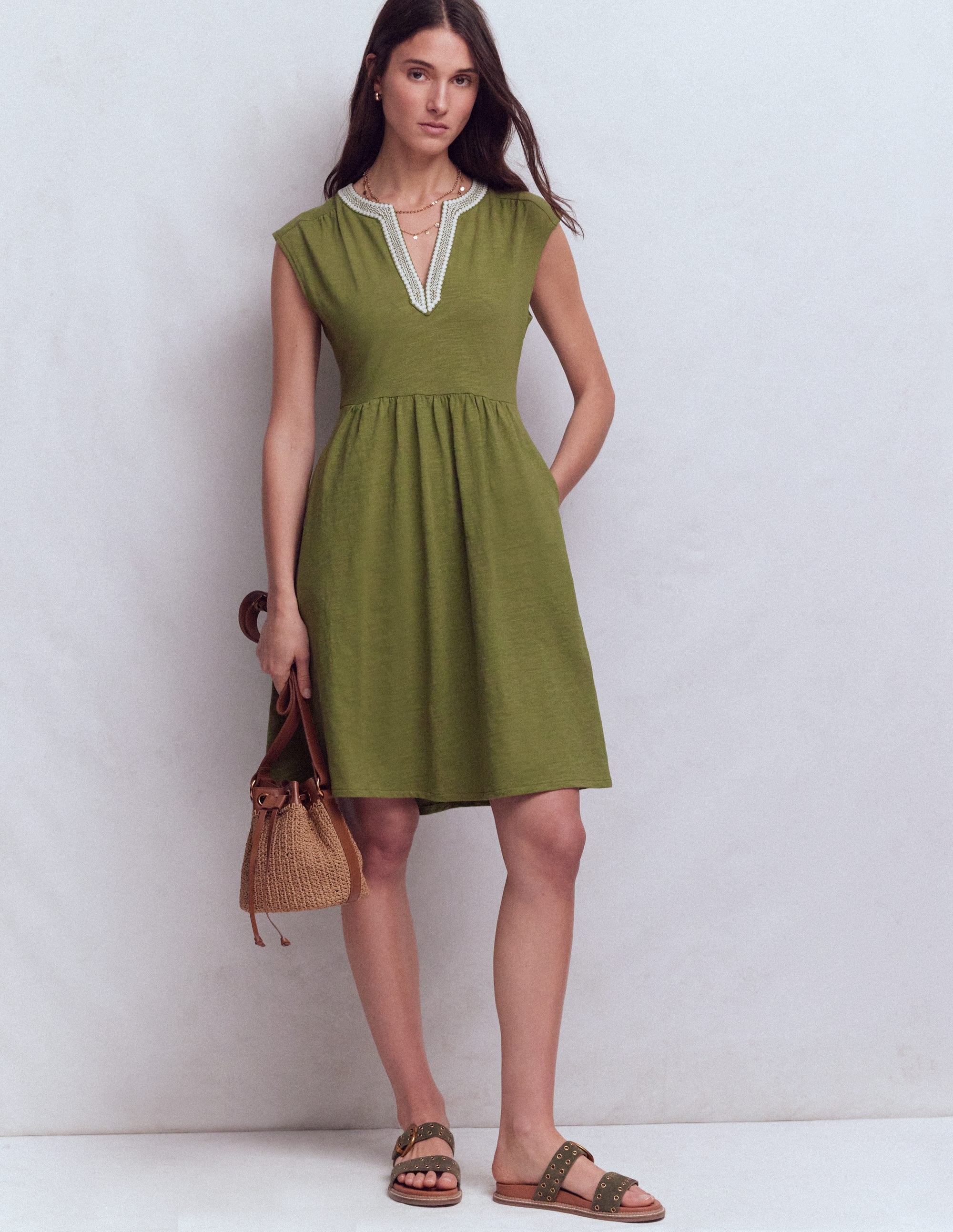 May Embroidered Short Dress - Olive