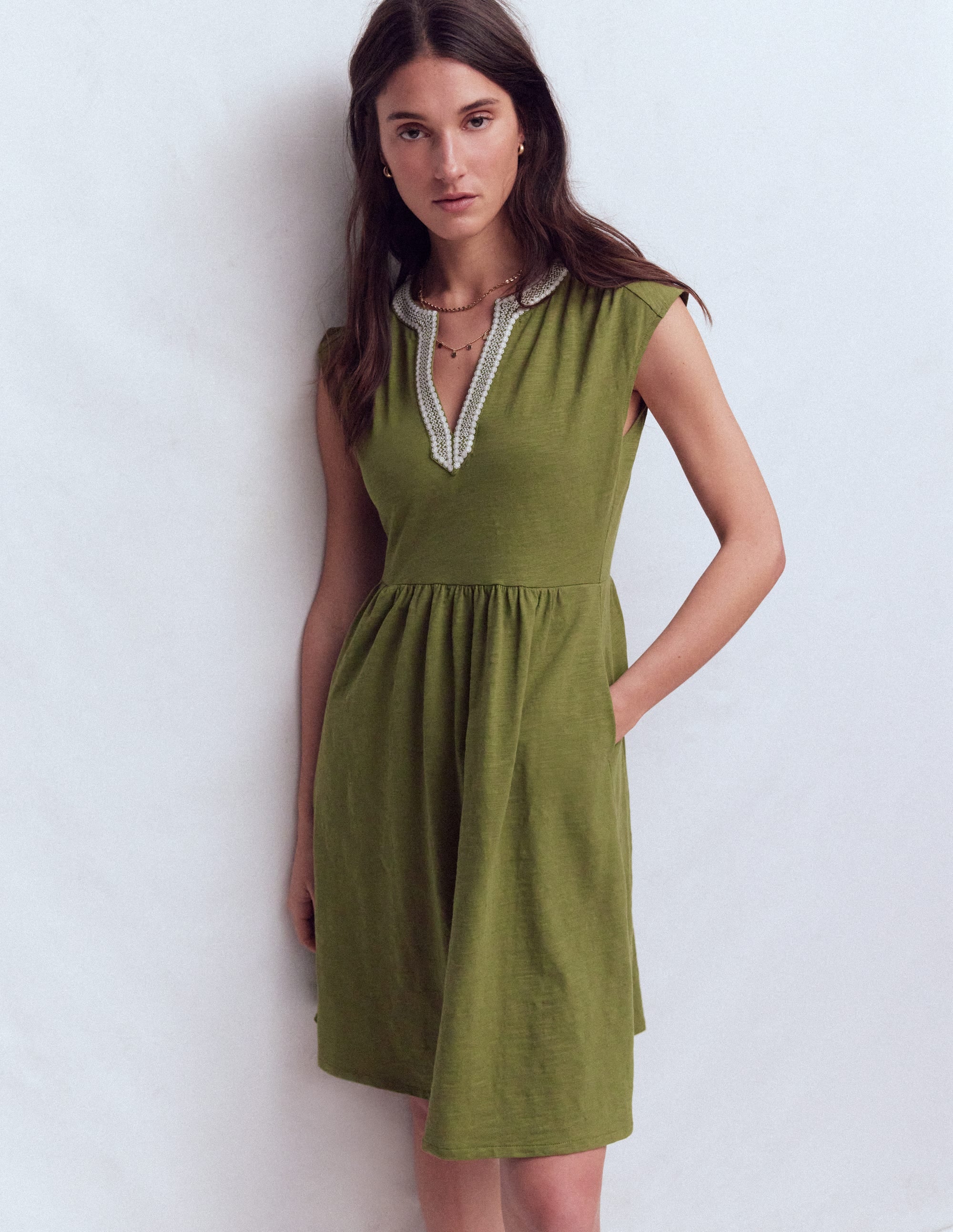 May Embroidered Short Dress-Olive - Image 4