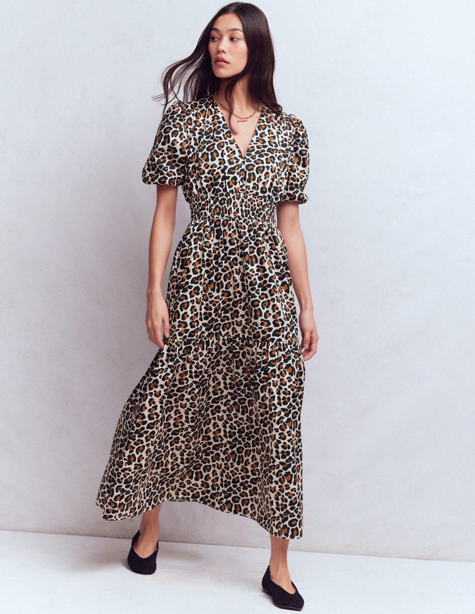 Irene Puff Sleeve Cotton Dress-Almond Milk, Cheetah Pop - Image 1