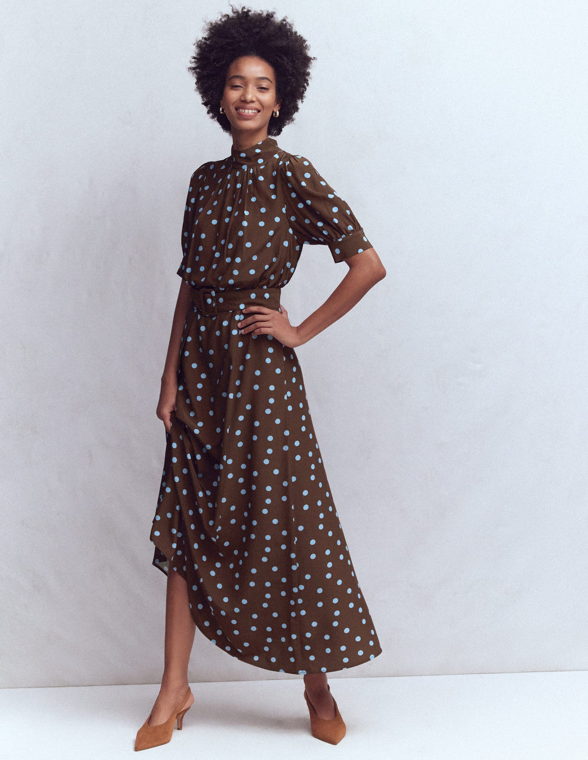 brown belted dress High Neck - Raw Umber, Painted Dot Elevate your style with OB 10/US 6 Men's Linen-Look Chambray Blue Size:FR 36