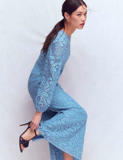 High Neck Lace Dress-Blue-1