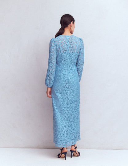 High Neck Lace Dress-Blue-3
