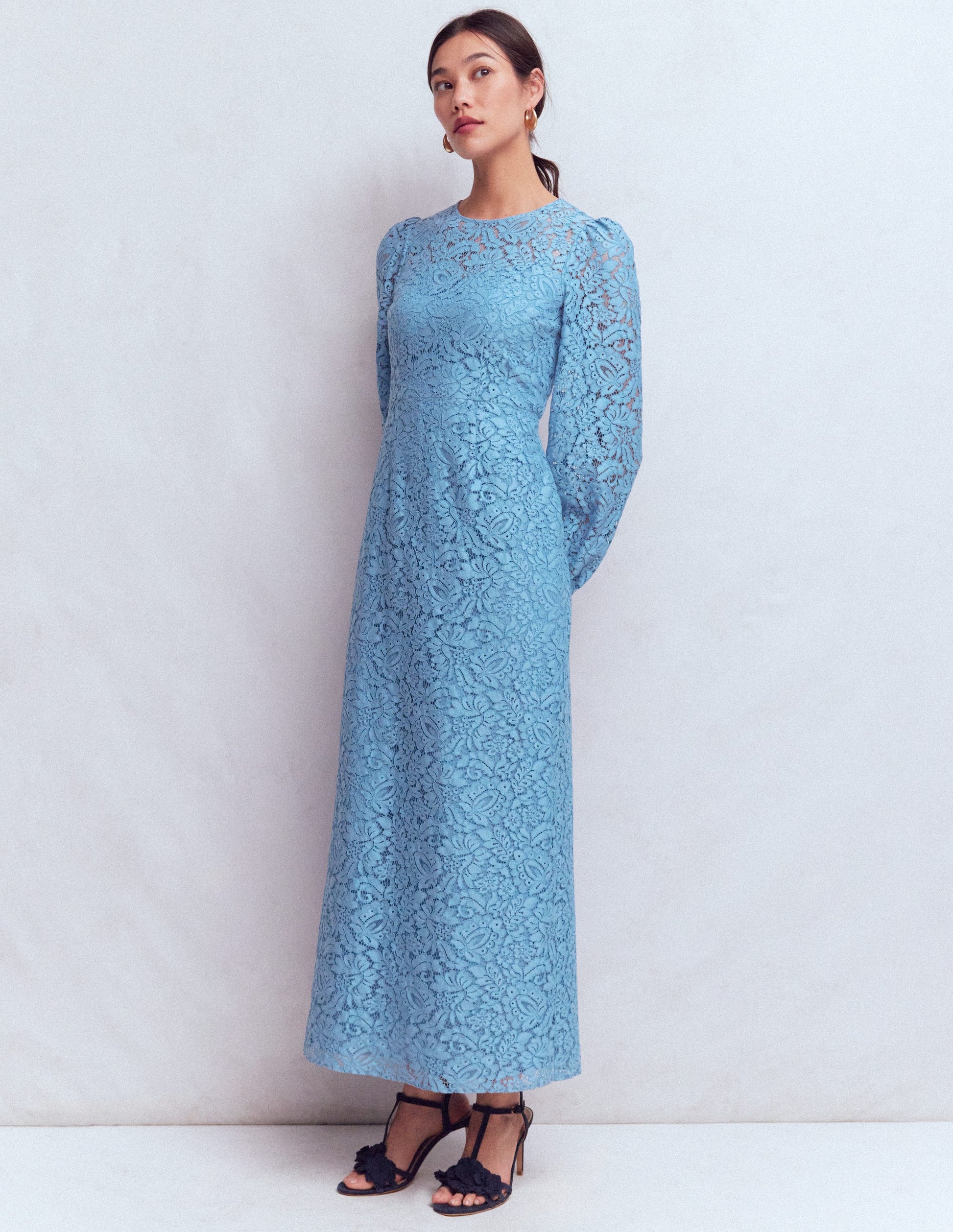 High Neck Lace Dress-Blue-4