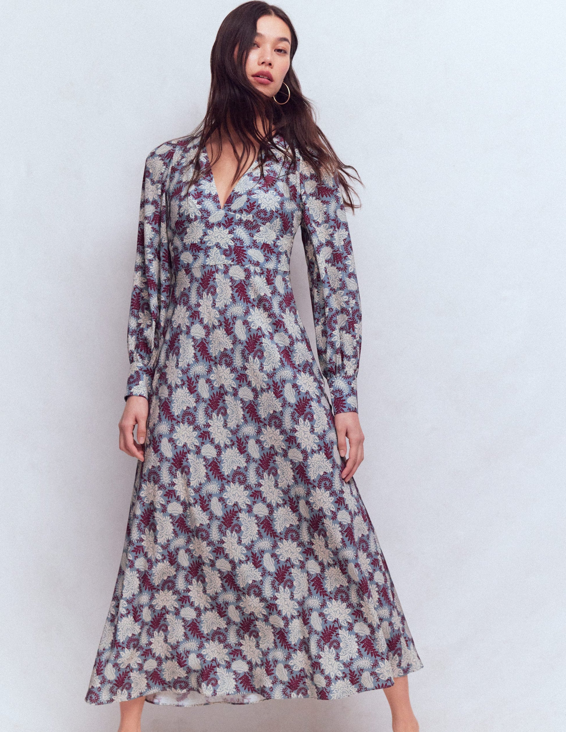 V-neck Blouson Sleeve Dress-Multi Blooming Flora-1