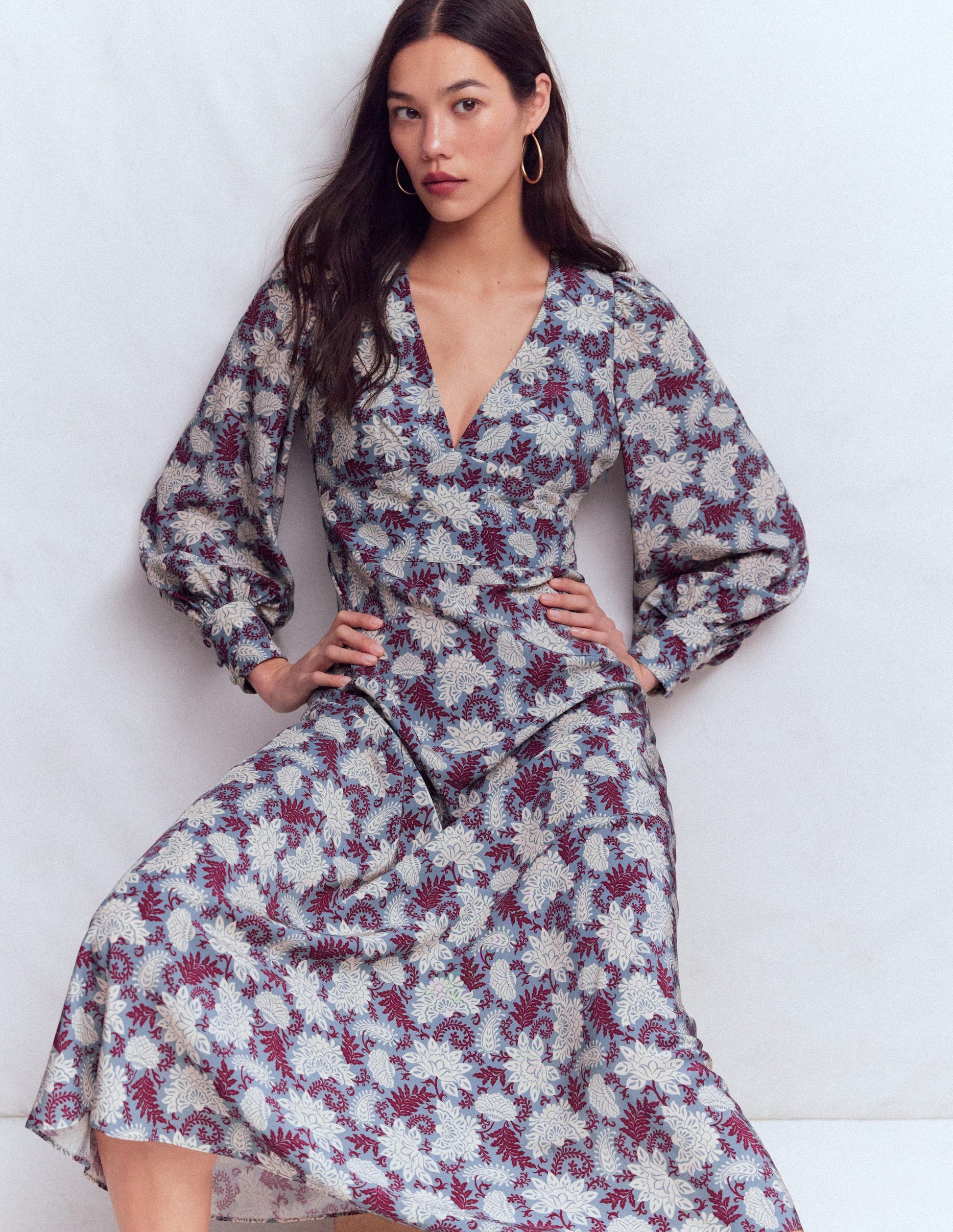 V-neck Blouson Sleeve Dress-Multi Blooming Flora-4