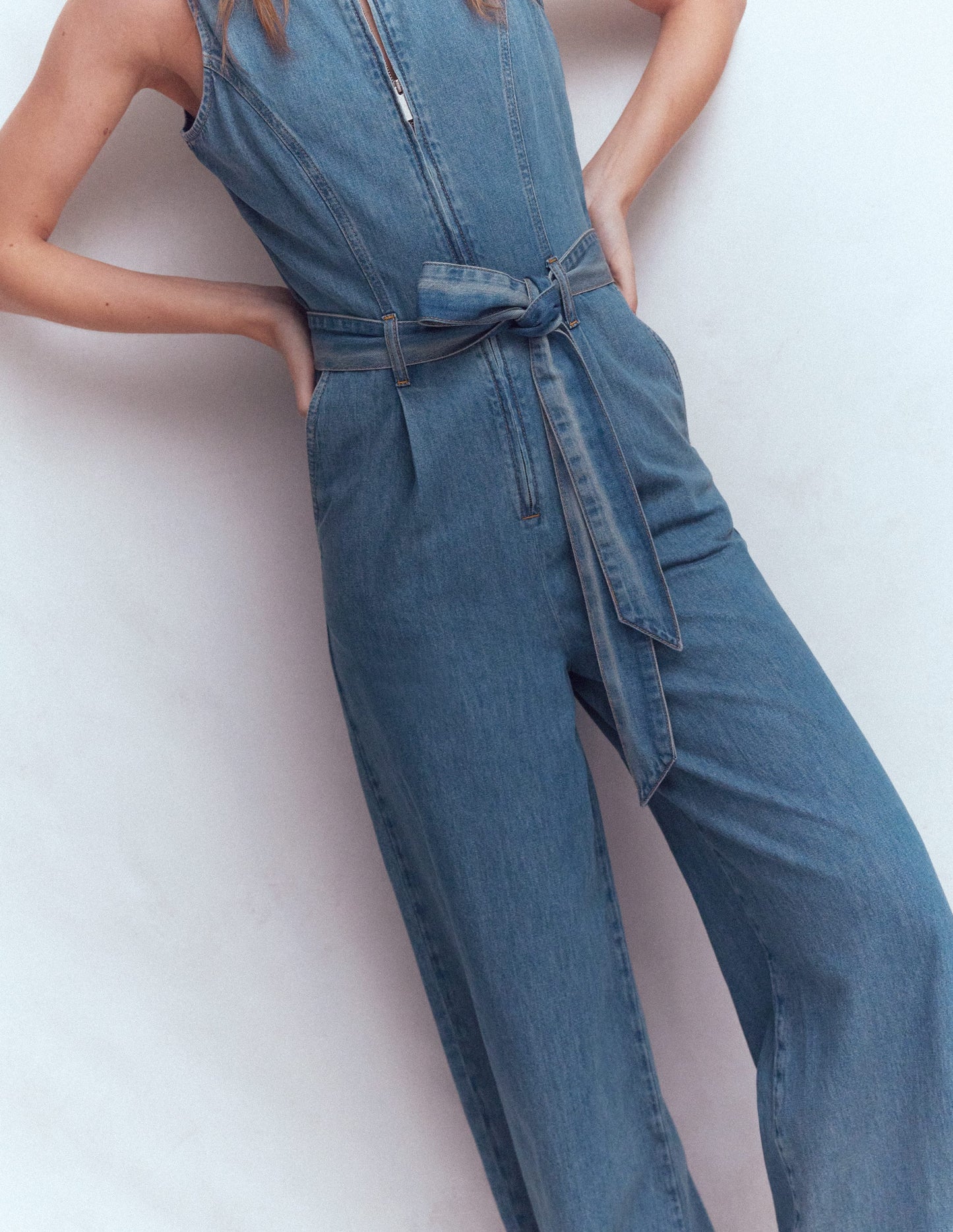 Sleeveless Denim Jumpsuit-Mid Vintage Denim