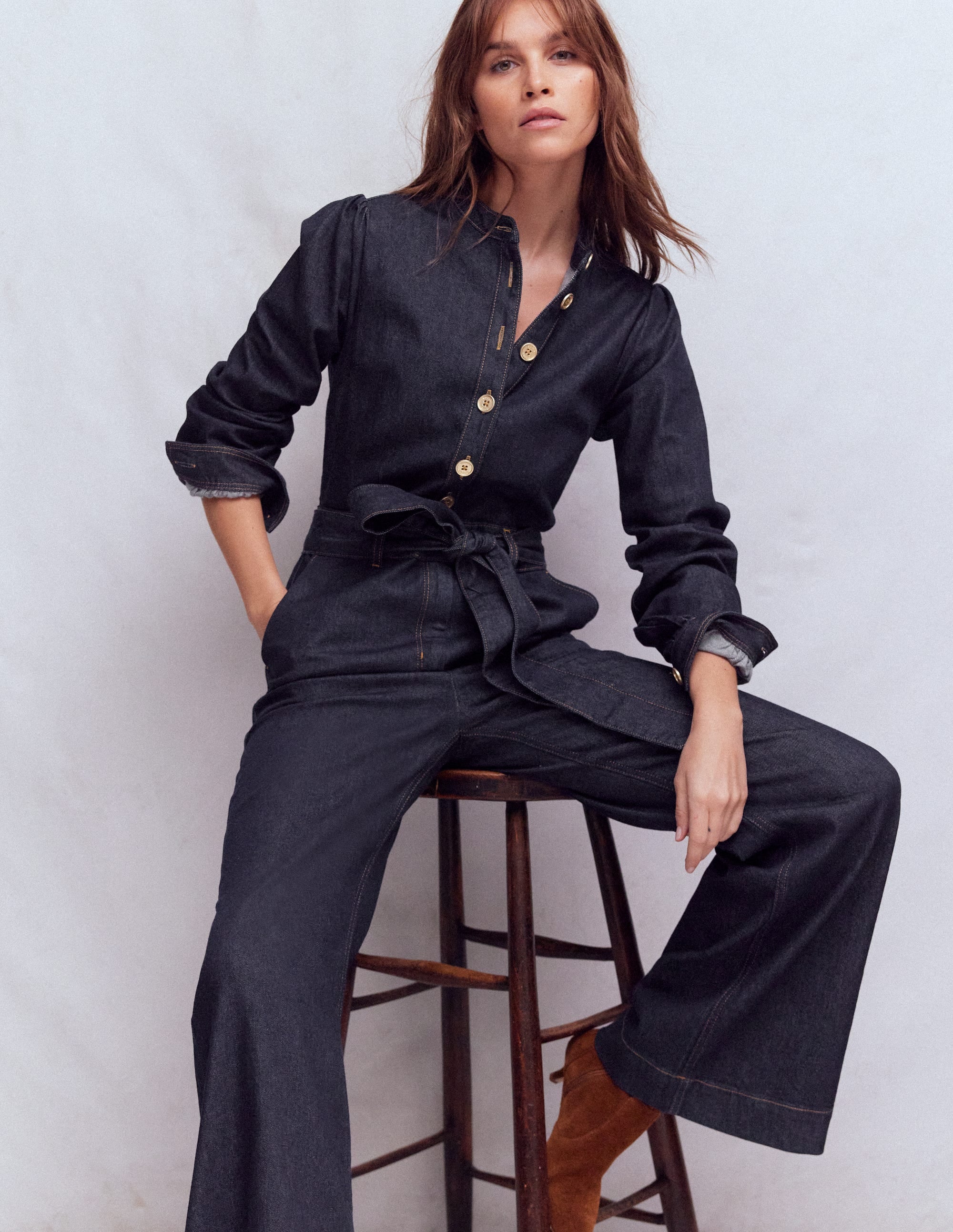 Bootcut Button Denim Jumpsuit-Indigo - Image 1