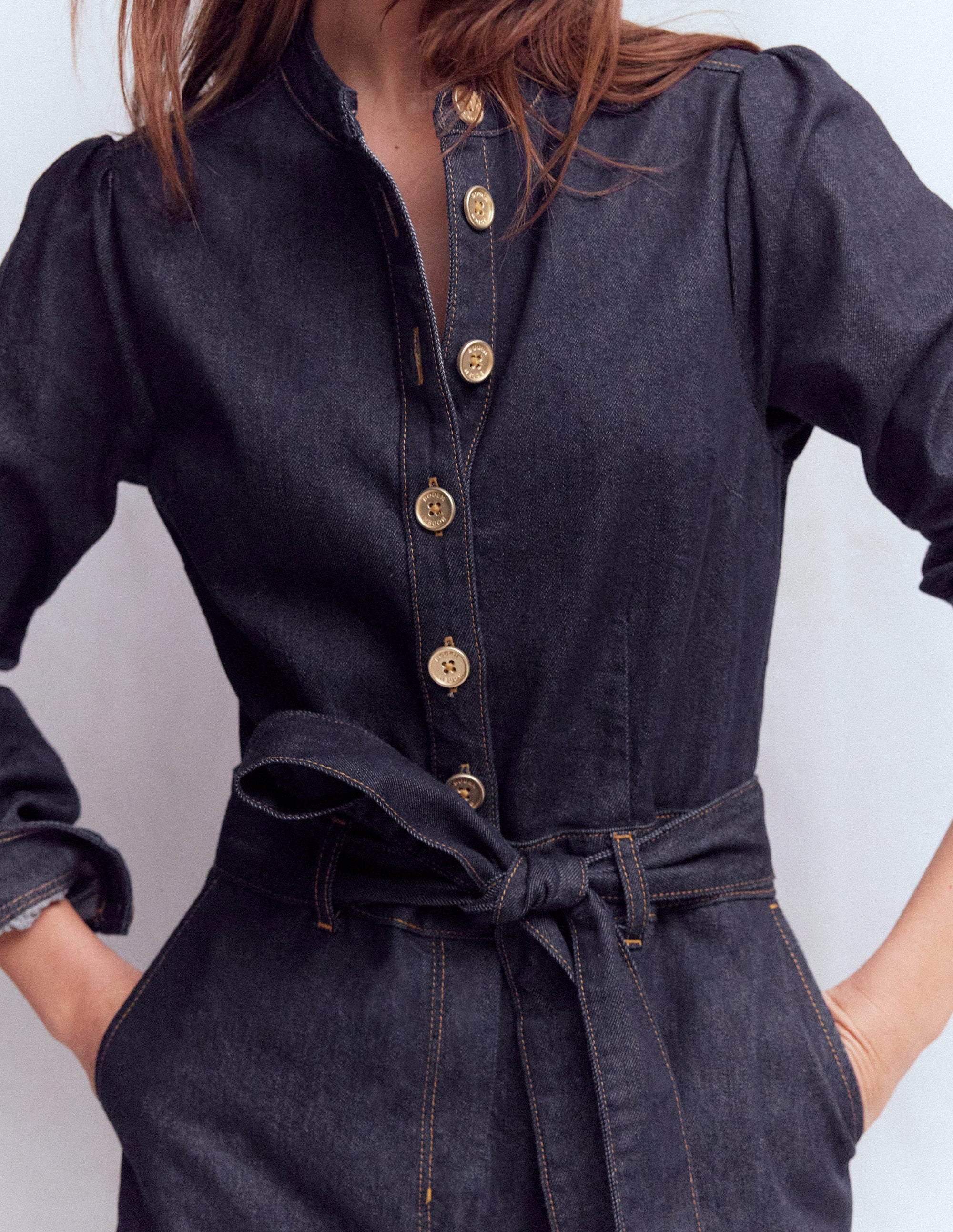 Bootcut Button Denim Jumpsuit-Indigo - Image 2