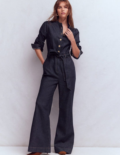 Bootcut Button Denim Jumpsuit-Indigo (Rinse Wash)-4