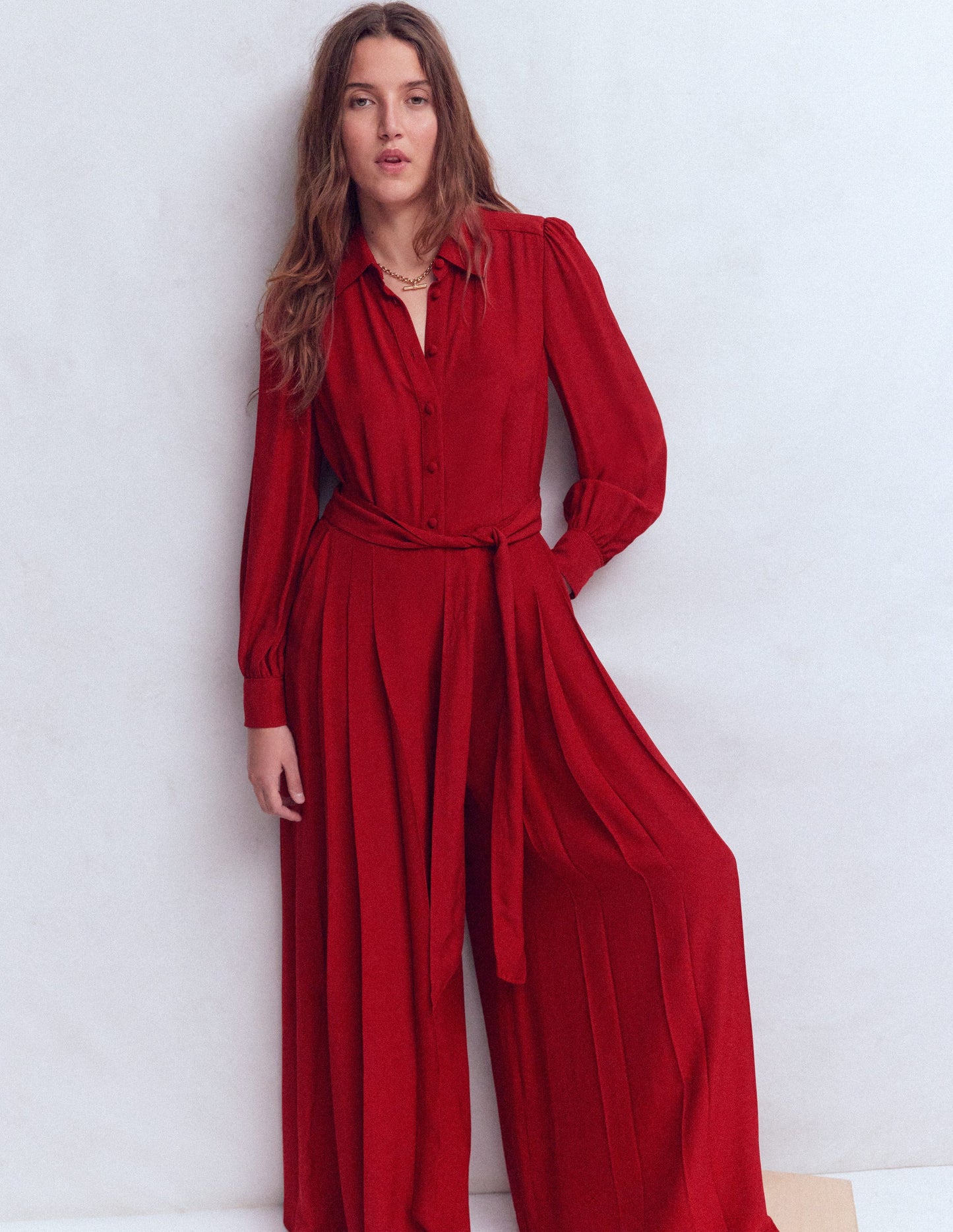 Button Up Palazzo Jumpsuit-Crimson Red