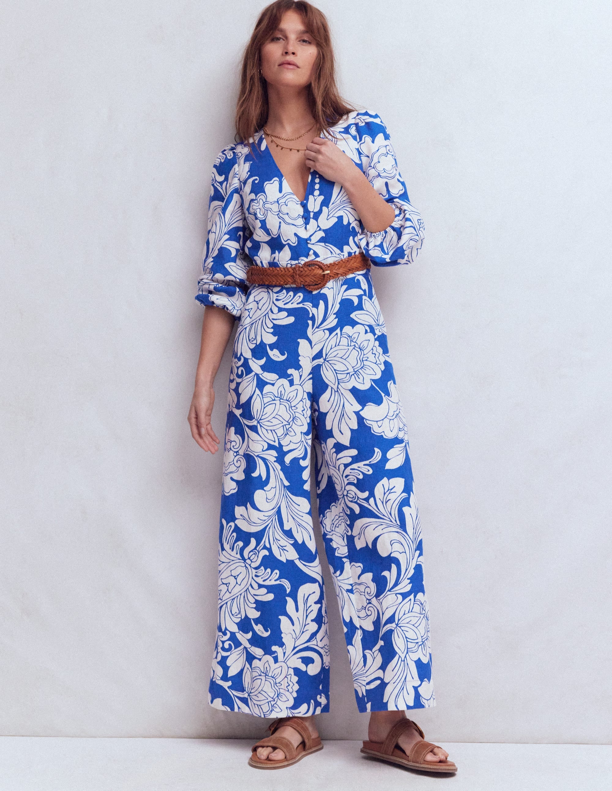 Lola Linen Jumpsuit-Blue Botanical Flourish Mono - Image 1