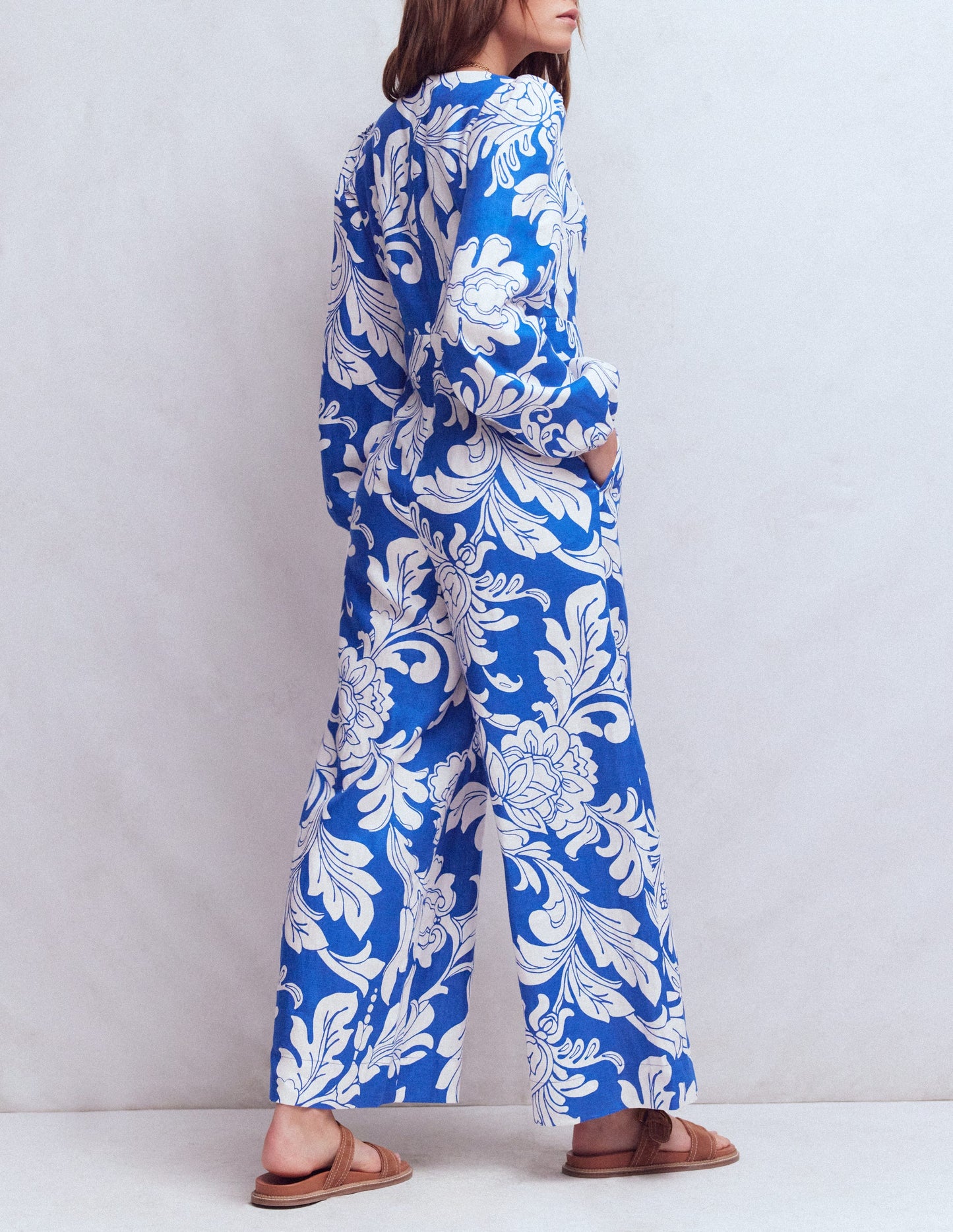 Lola Linen Jumpsuit-Blue Botanical Flourish Mono