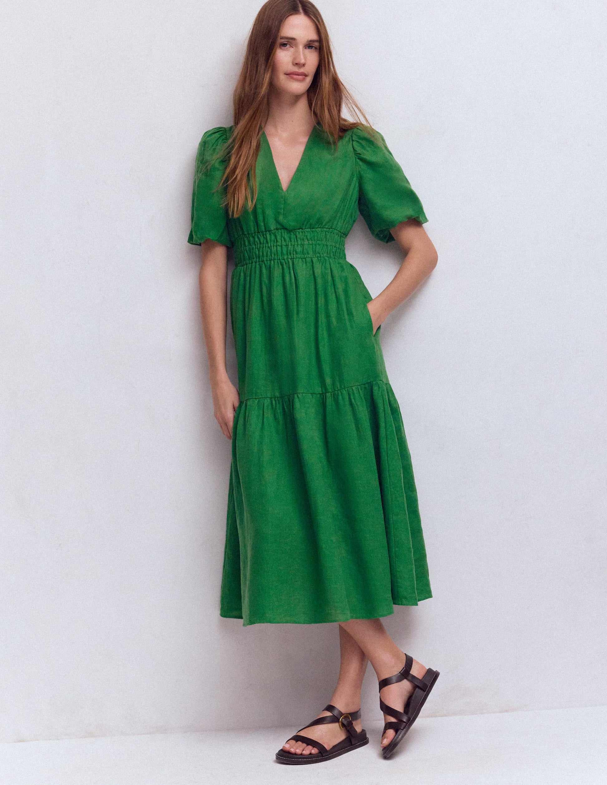 Irene Linen Midi Dress-Highland Green | Boden USA Irene Linen Midi Dress-Highland Green | Boden USA