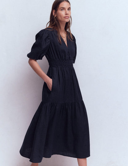Irene Puff Sleeve Linen Dress-Navy-5