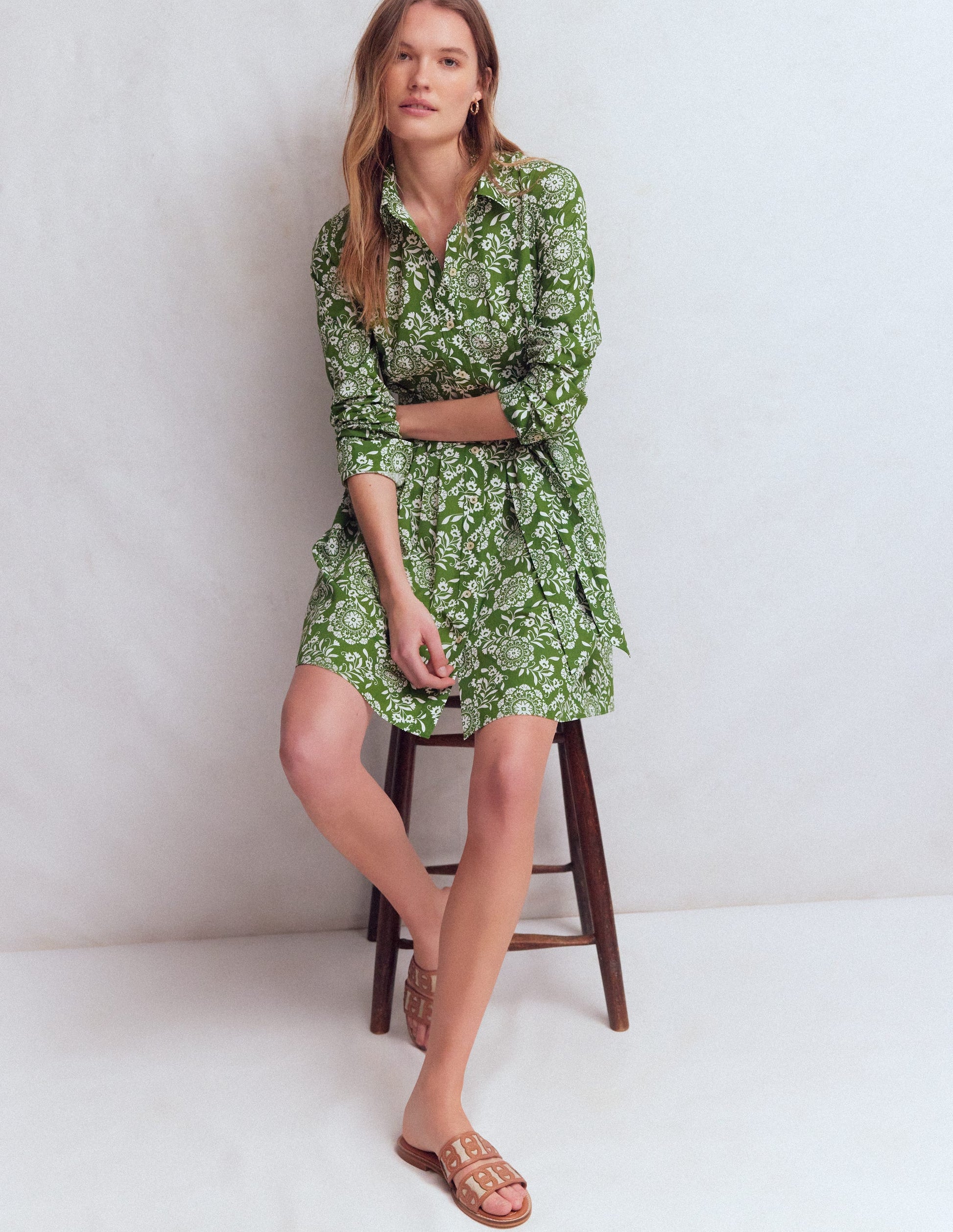 Alexa Long Sleeve Short Dress-Green, Decorative Blossom-5