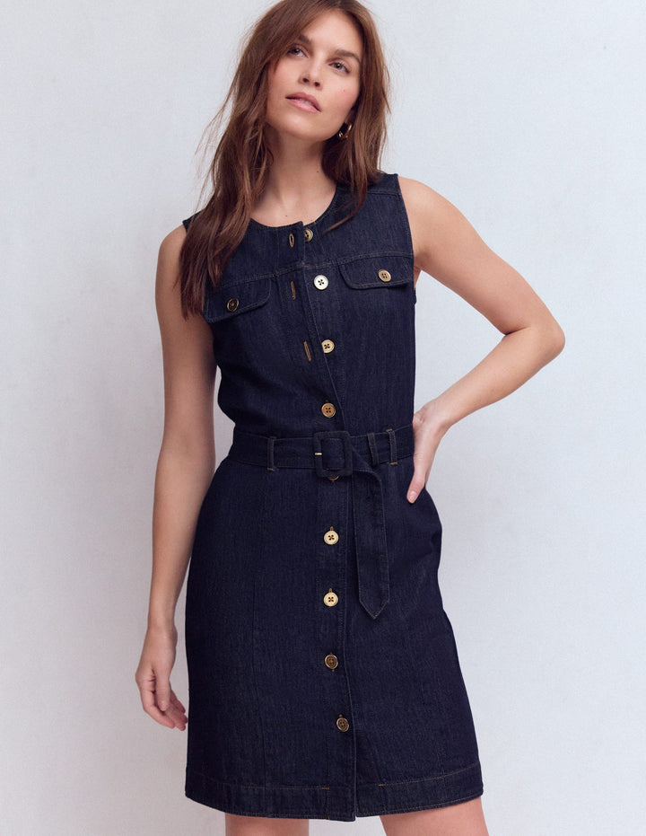 Short Gold Button Denim Dress-Indigo