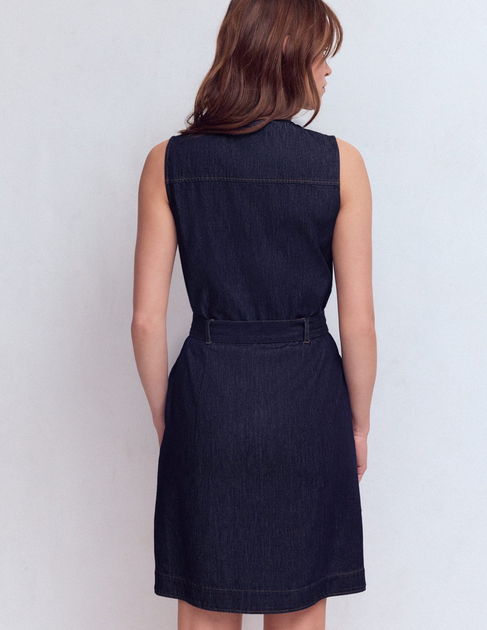Short Gold Button Denim Dress-Indigo-4