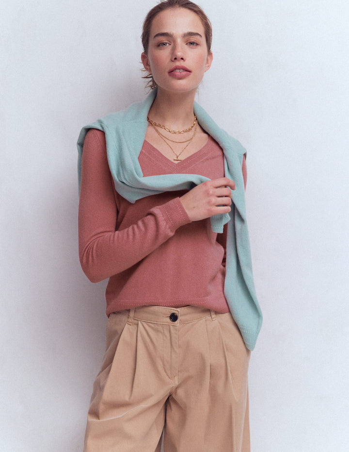 Eva Cashmere V-Neck Sweater-Camelia Pink