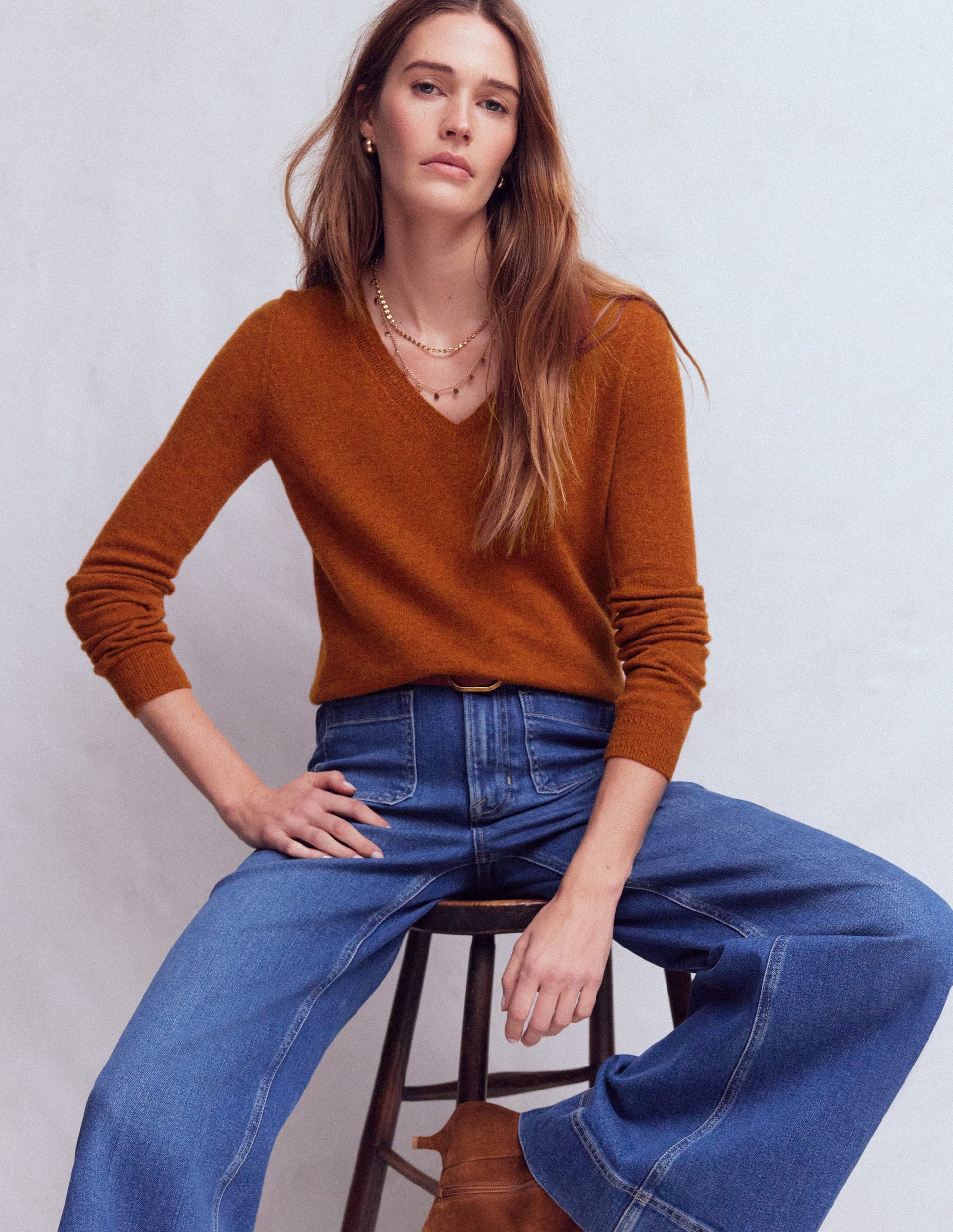 Eva Cashmere V-Neck Sweater-Cognac Melange-1