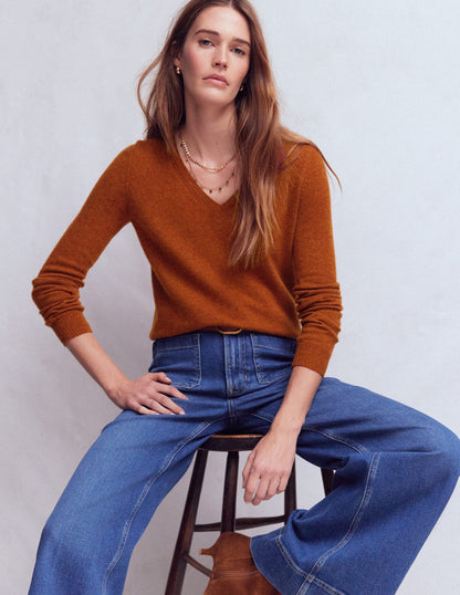 Eva Cashmere V-Neck Sweater-Cognac Melange-1