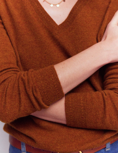Eva Cashmere V-Neck Sweater-Cognac Melange-2