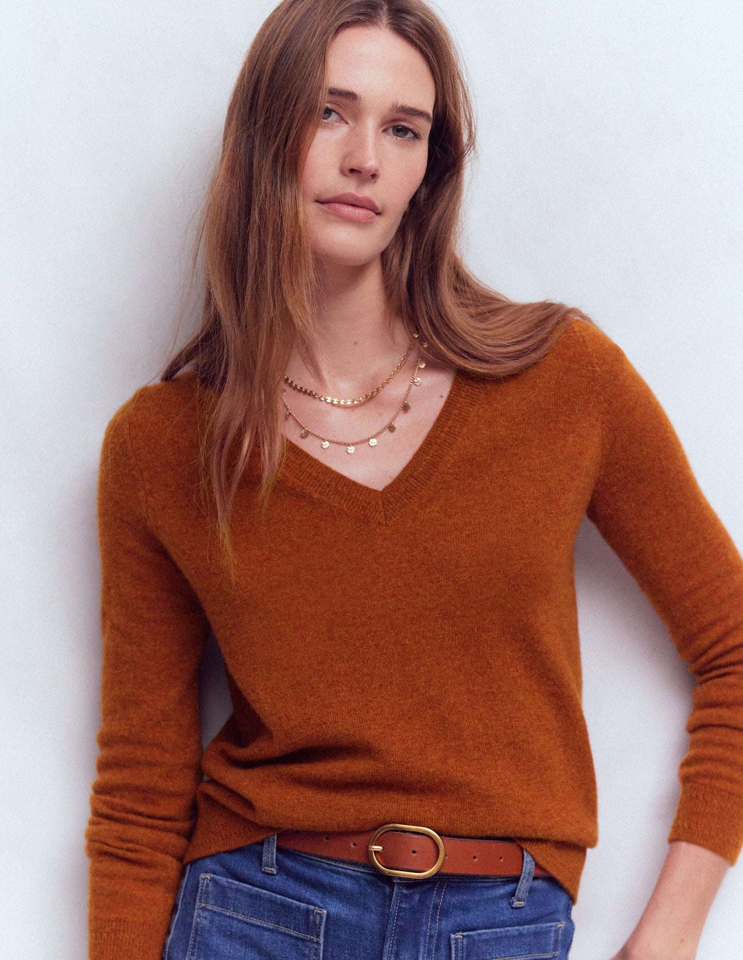 Eva Cashmere V-Neck Sweater-Cognac Melange