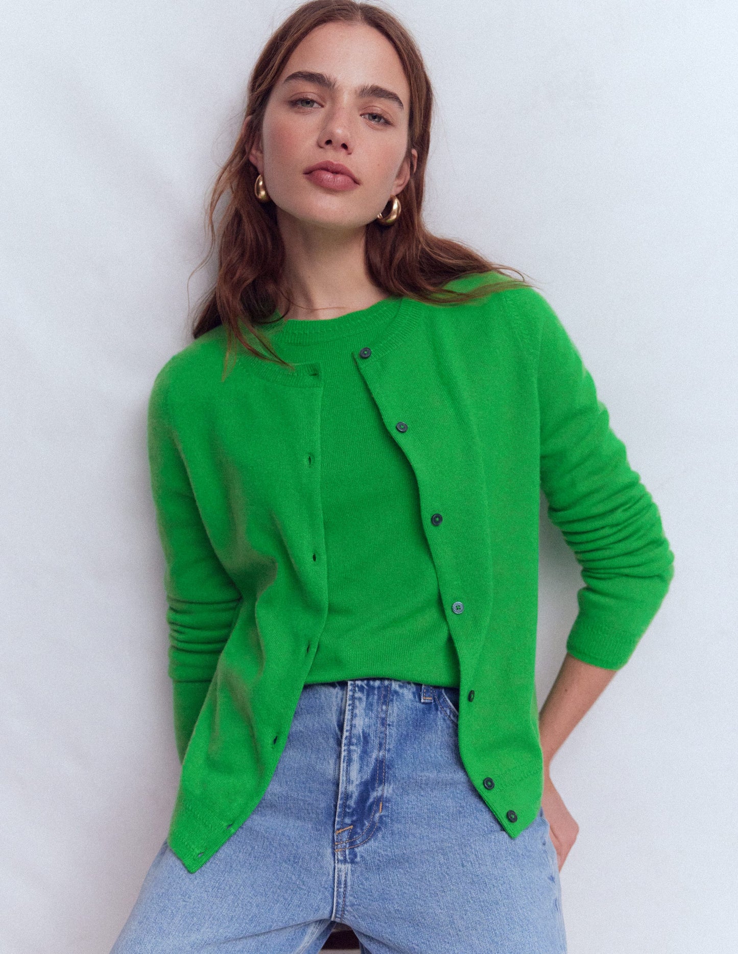 Eva Cashmere Crew Cardigan-Sapling Green