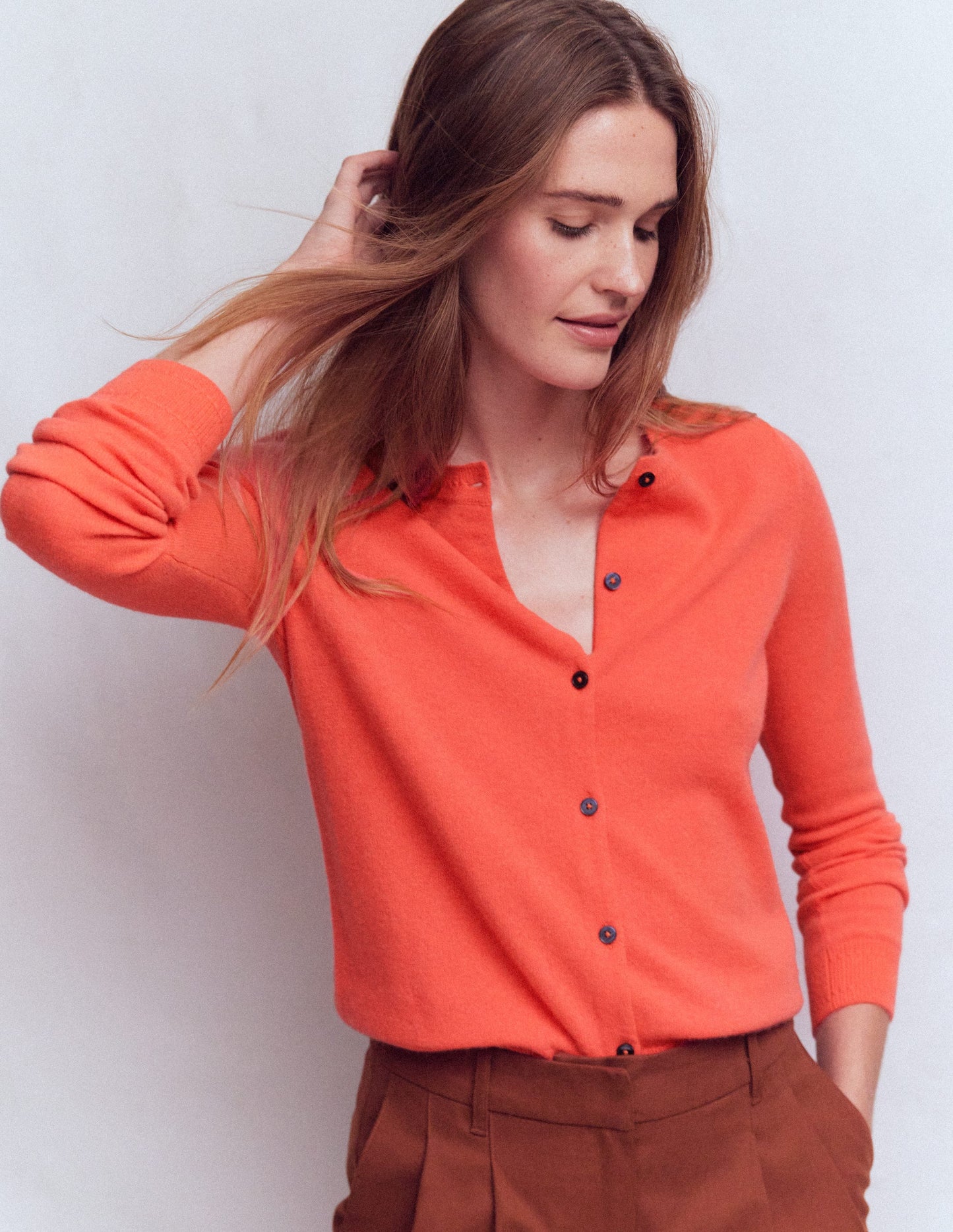 Eva Cashmere Crew Cardigan-Fiery Orange Melange
