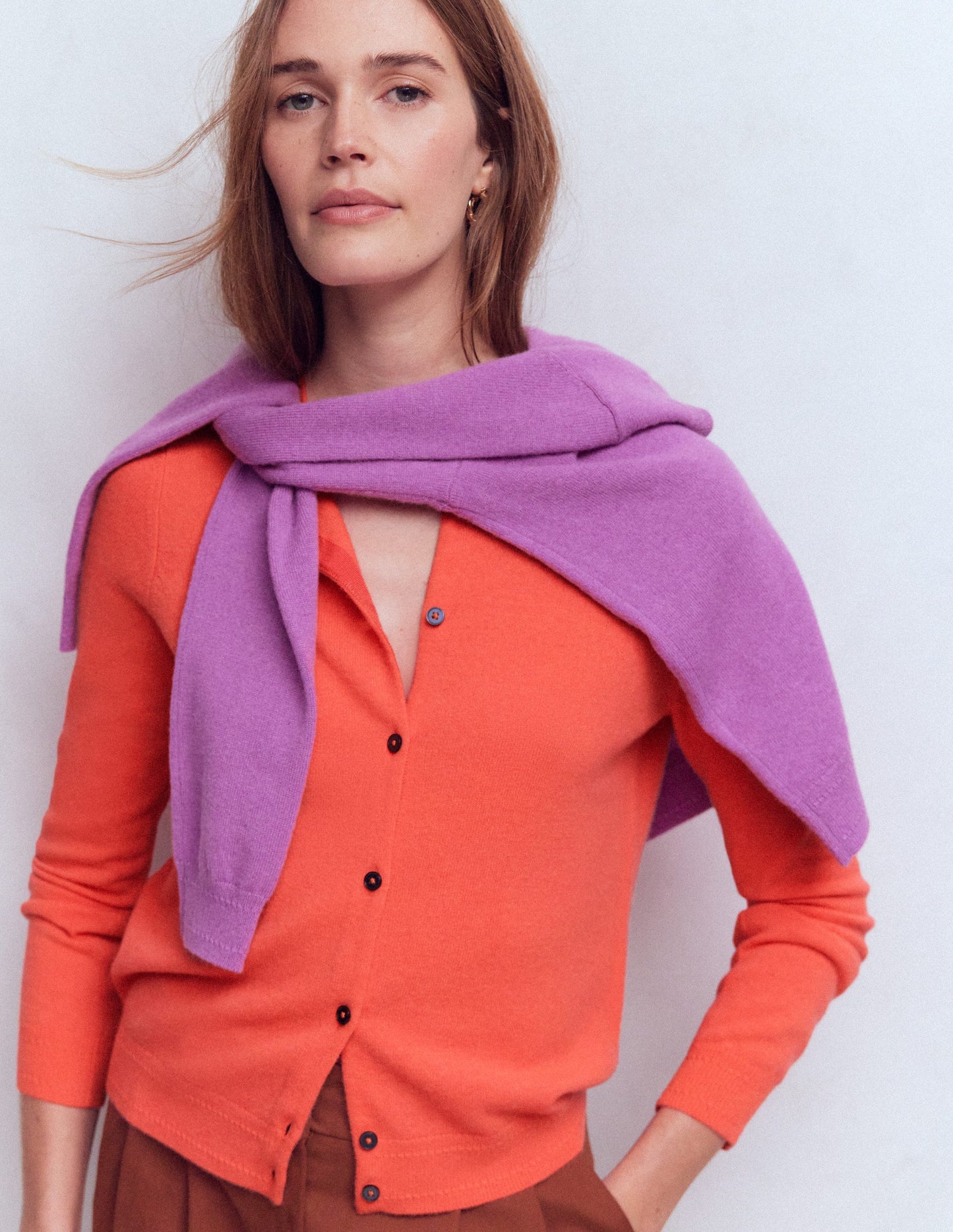 Eva Cashmere Crew Cardigan-Fiery Orange Melange