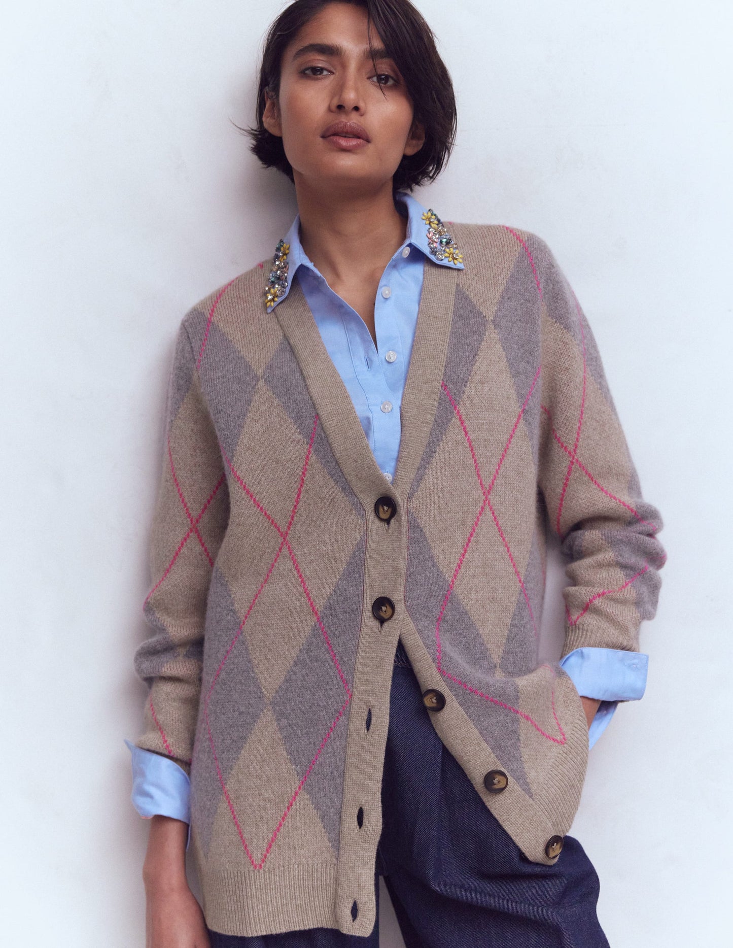 Quinn Boyfriend Cardigan-Neutral Argyle