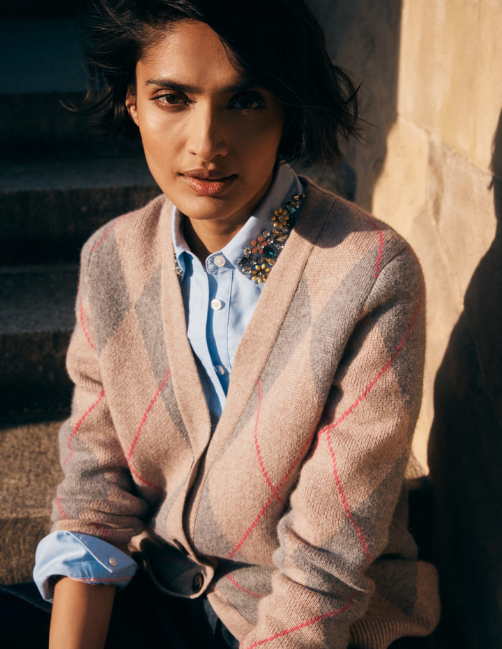 Quinn Boyfriend Cardigan-Neutral Argyle