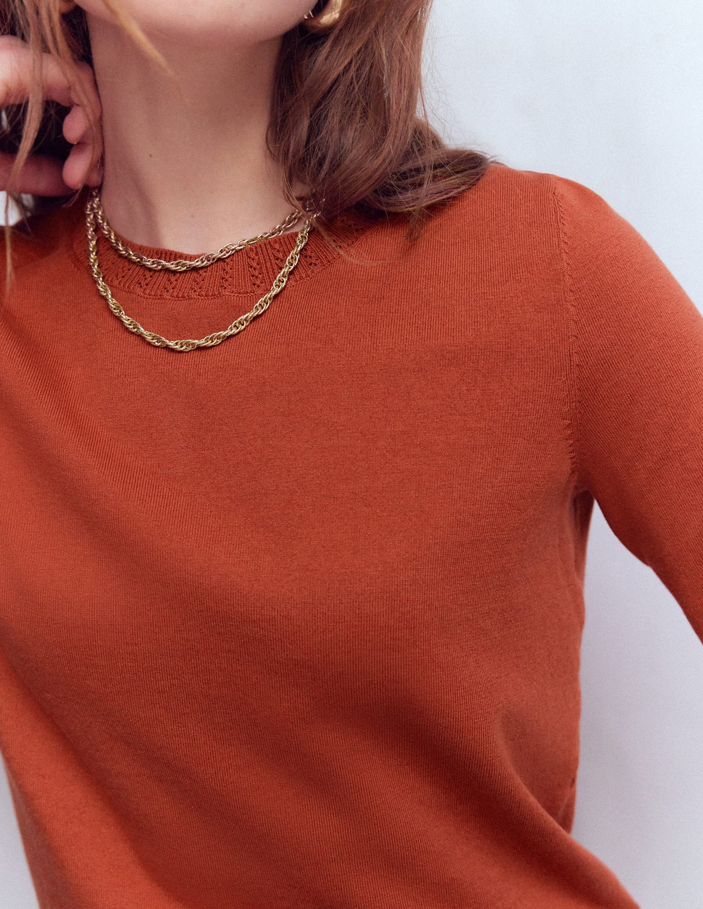 Emilia Cotton Crew Sweater-Roasted Chestnut Brown