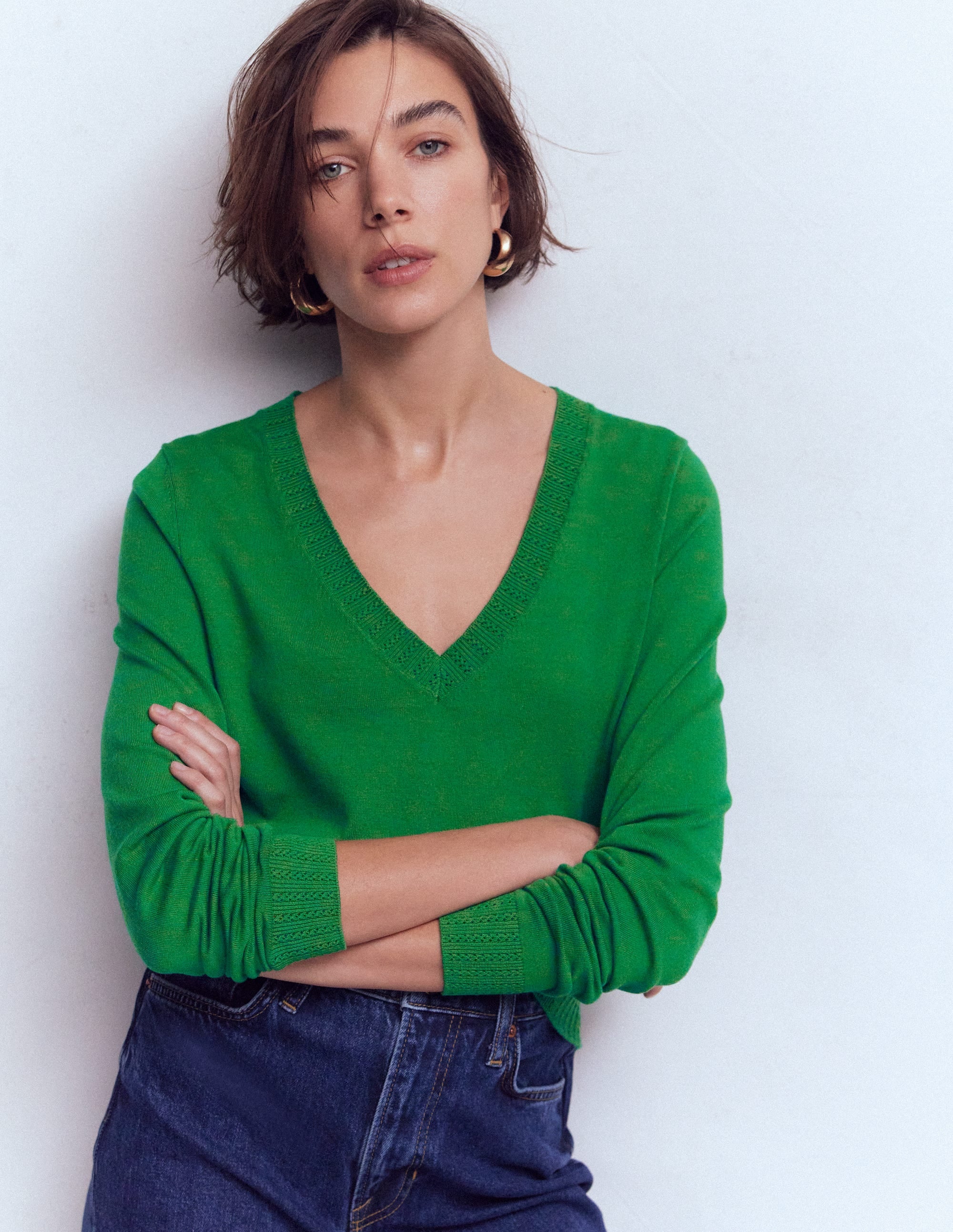 Emilia Cotton V Neck Sweater-Rich Emerald - Image 1