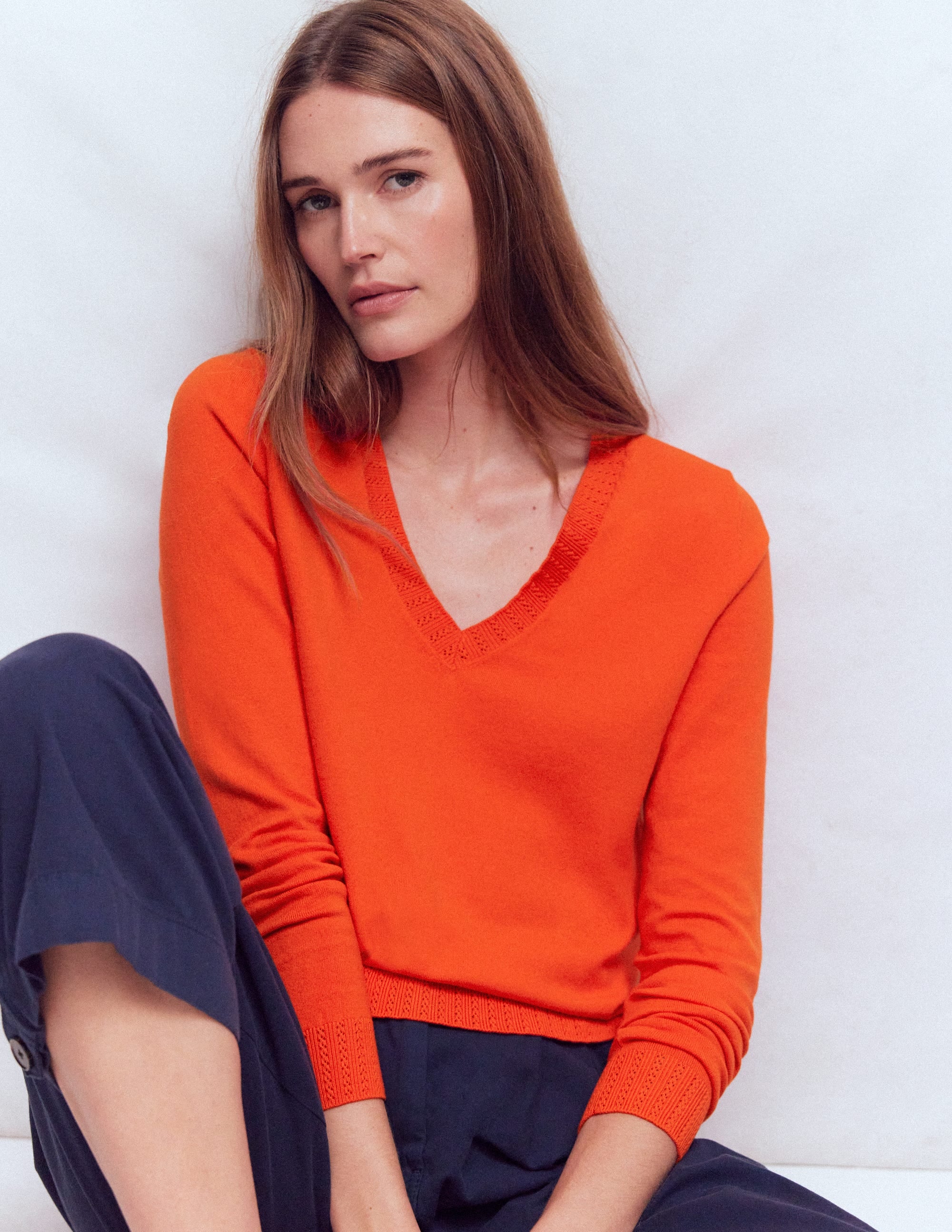 Emilia Cotton V Neck Sweater-Sunset Orange - Image 1