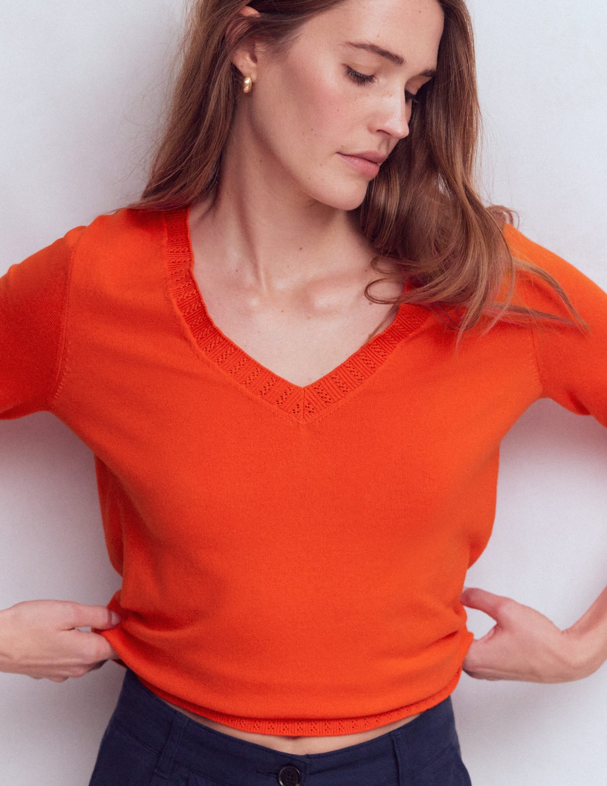 Emilia Cotton V Neck Sweater-Sunset Orange - Image 2