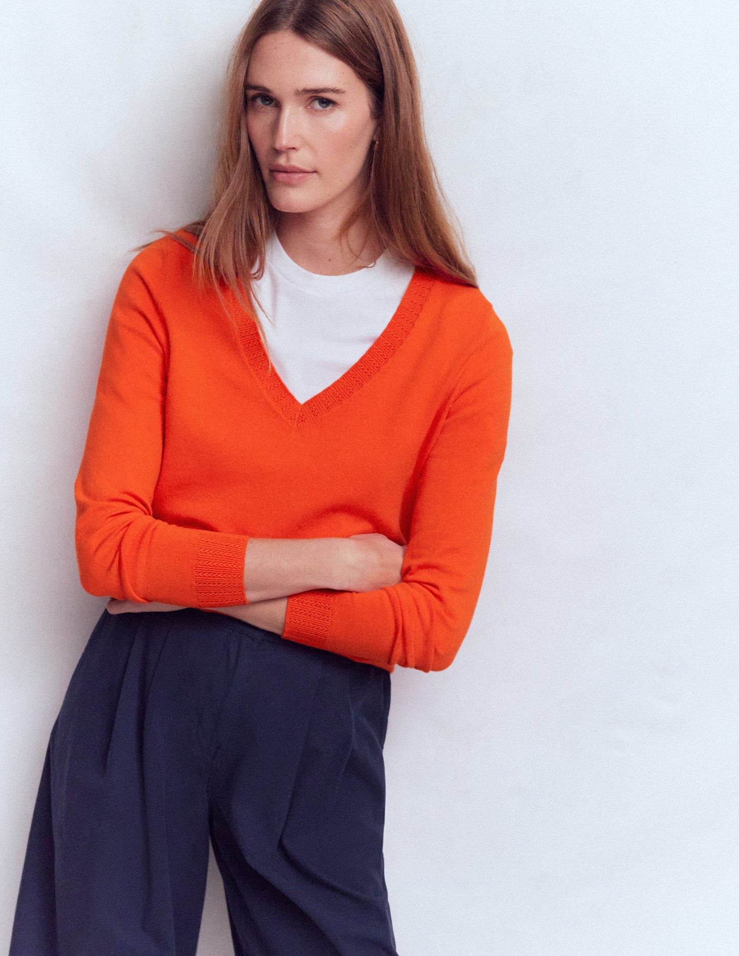 Emilia Cotton V Neck Sweater-Sunset Orange