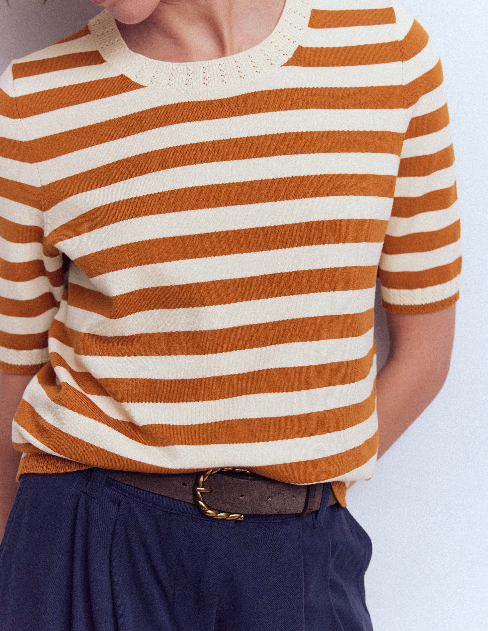 Emilia Cotton Crew T-shirt-Cognac/ Warm Ivory-2