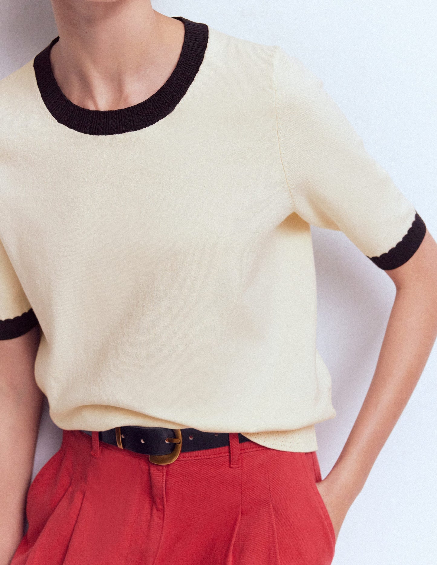 Emilia Cotton Crew T-shirt-Warm Ivory, Navy