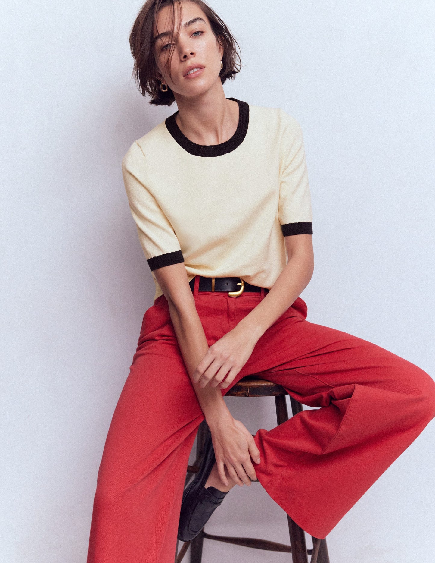 Emilia Cotton Crew T-shirt-Warm Ivory, Navy