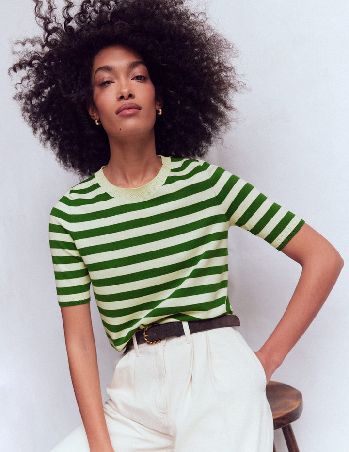 Emilia Cotton Crew T-shirt-Promenade Green/ Ivory Stripe