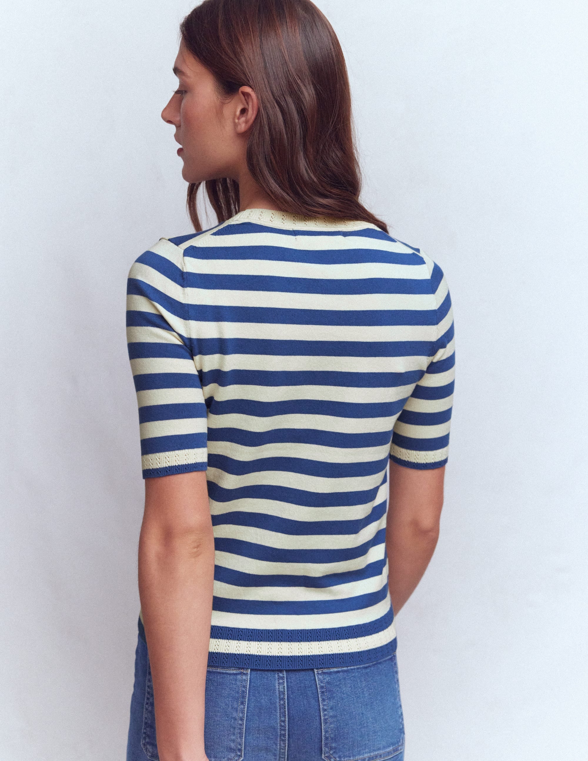 Emilia Cotton Crew T-shirt-Denim Blue/ Warm Ivory | Boden USA