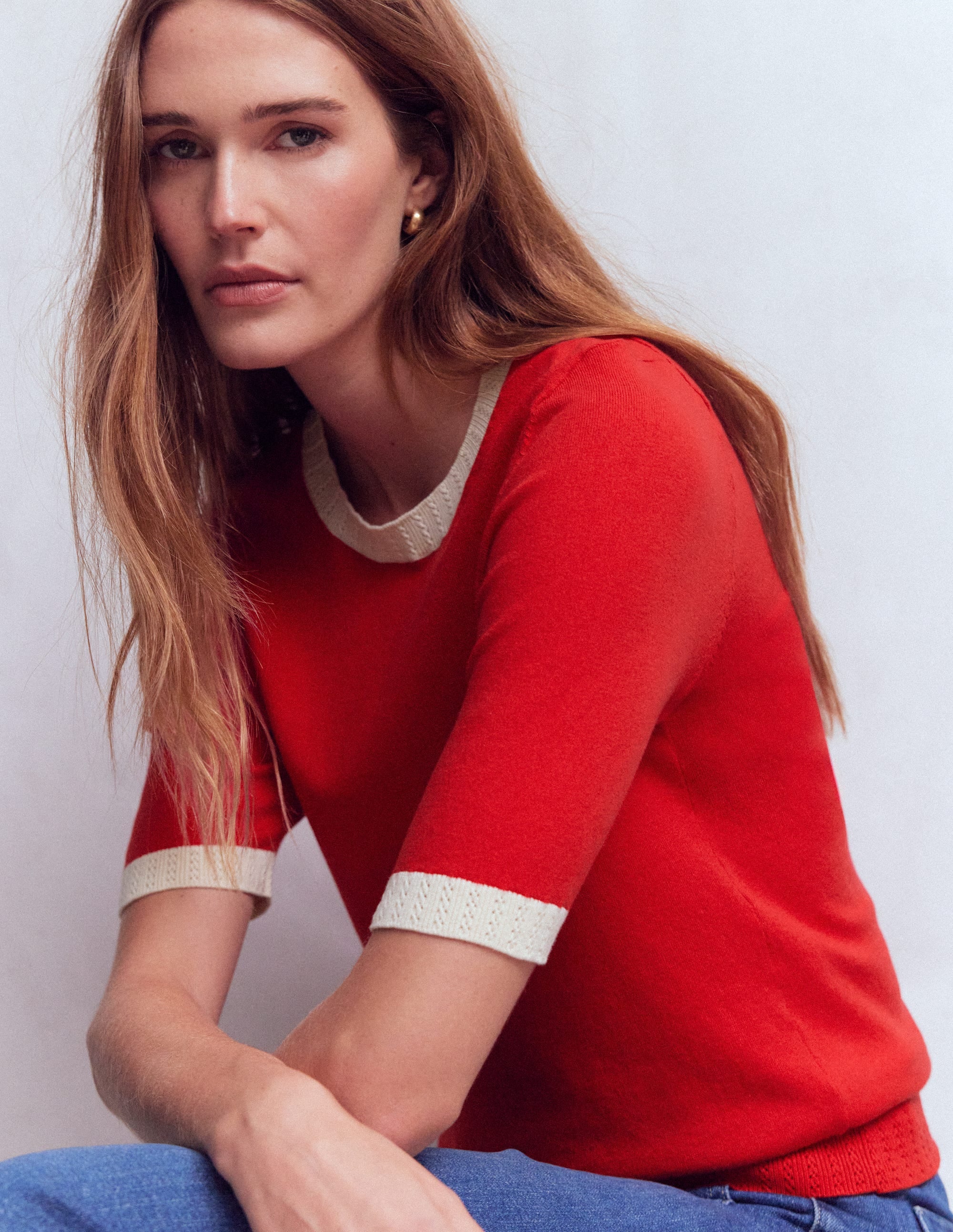 Emilia Cotton Crew T-shirt-Merida Red, Ivory - Image 1