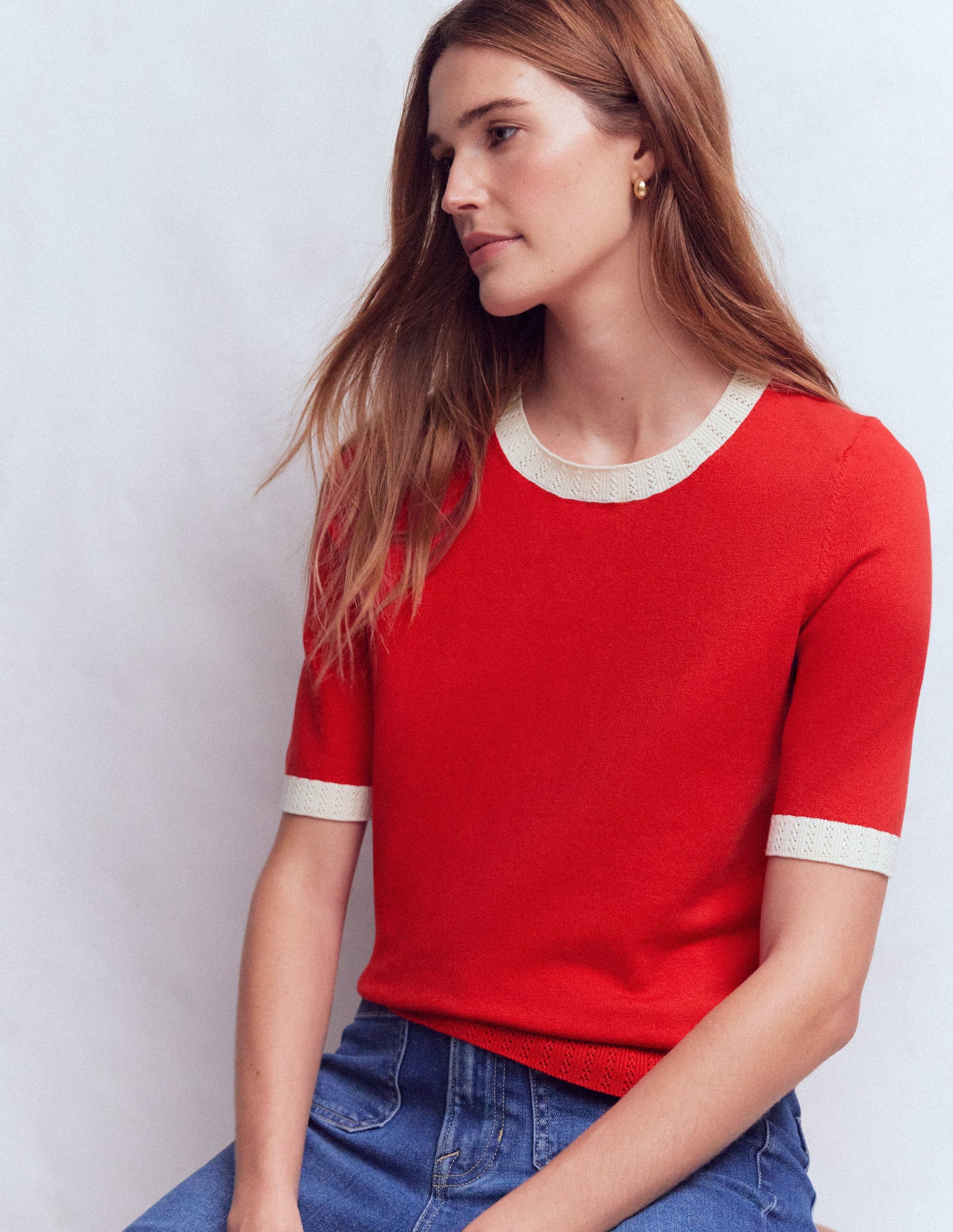 Emilia Cotton Crew T-shirt-Salsa Red, Ivory-4
