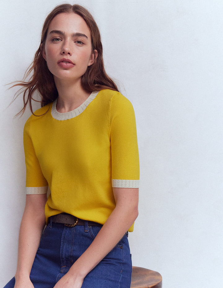 Emilia Cotton Crew T-shirt-Pineapple Yellow, Ivory