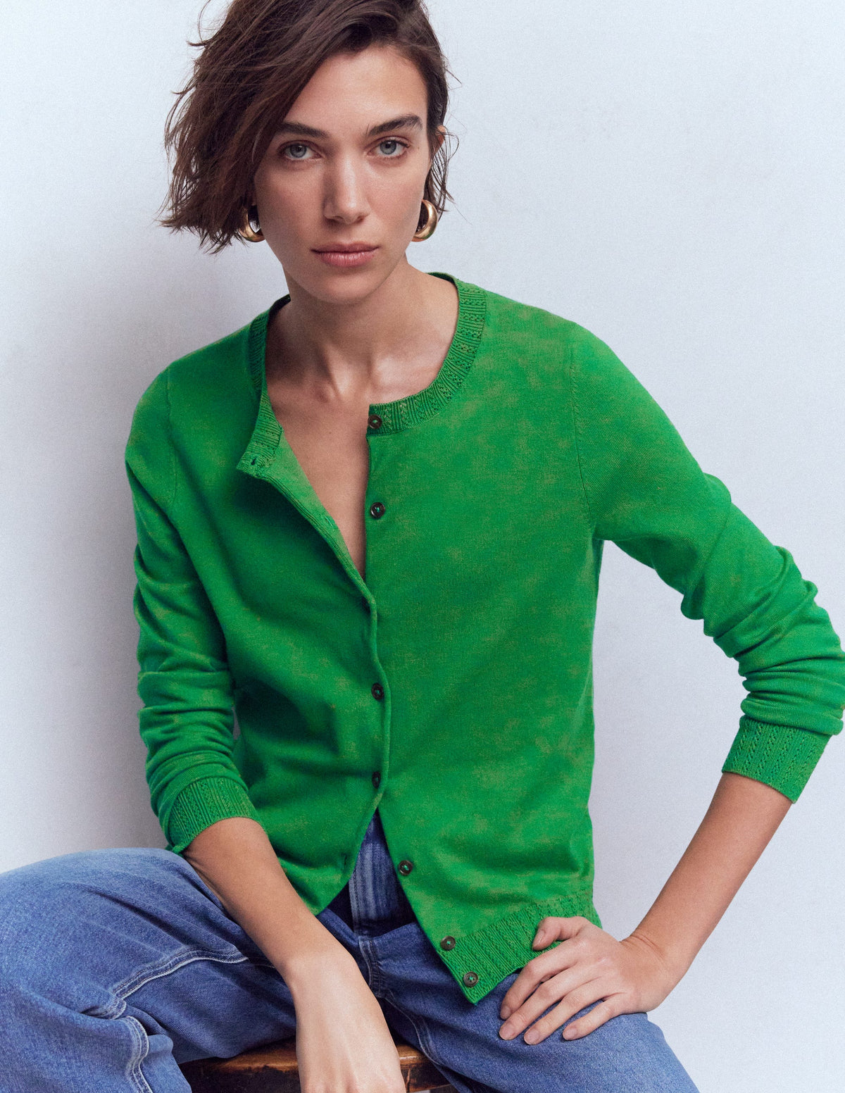 Emilia Cotton Crew Cardigan-Rich Emerald - Image 1